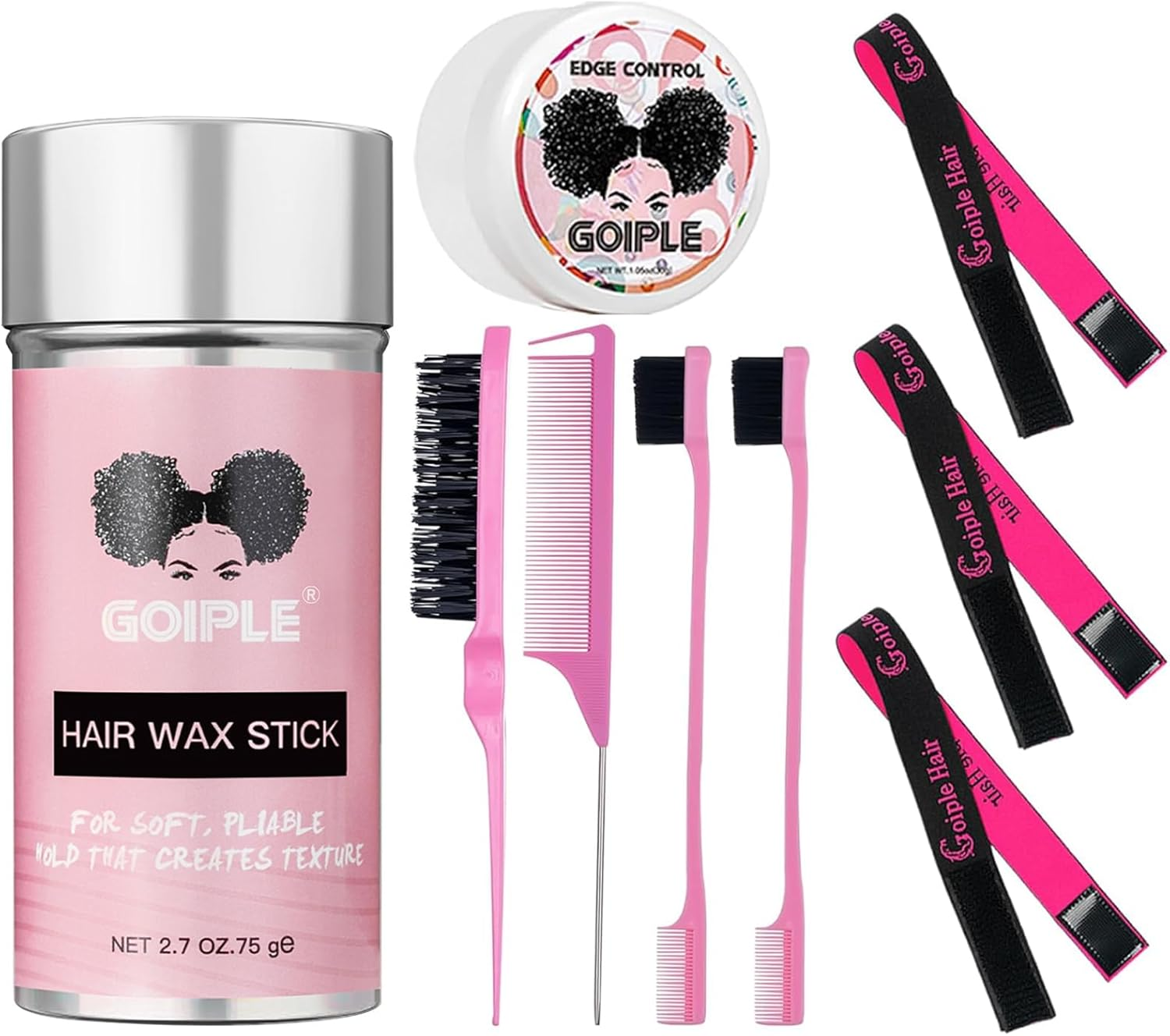 Goiple 3PCS Elastic Bands for Wig Edges - Adjustable Band for Install Accessories with Pink Set-9Pcs Hair Wax Stick Set image number 4