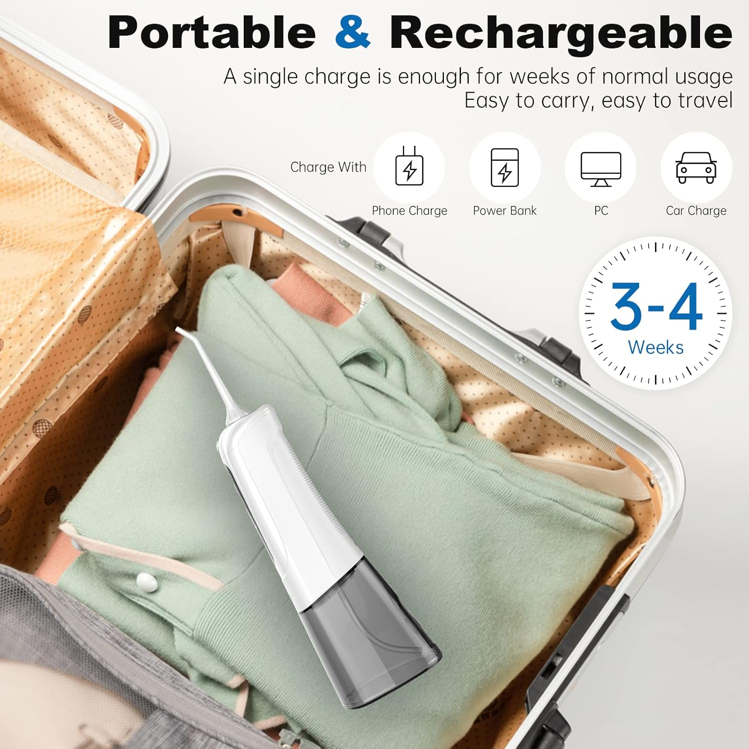 Mitdir Y801 Water Dental Flosser Oral Irrigator 5 Jet Tips 4 Modes IPX7 Waterproof 300ML Detachable Water Tank Portable Cordless Rechargeable Teeth Cleaner for Home&Travel (White)