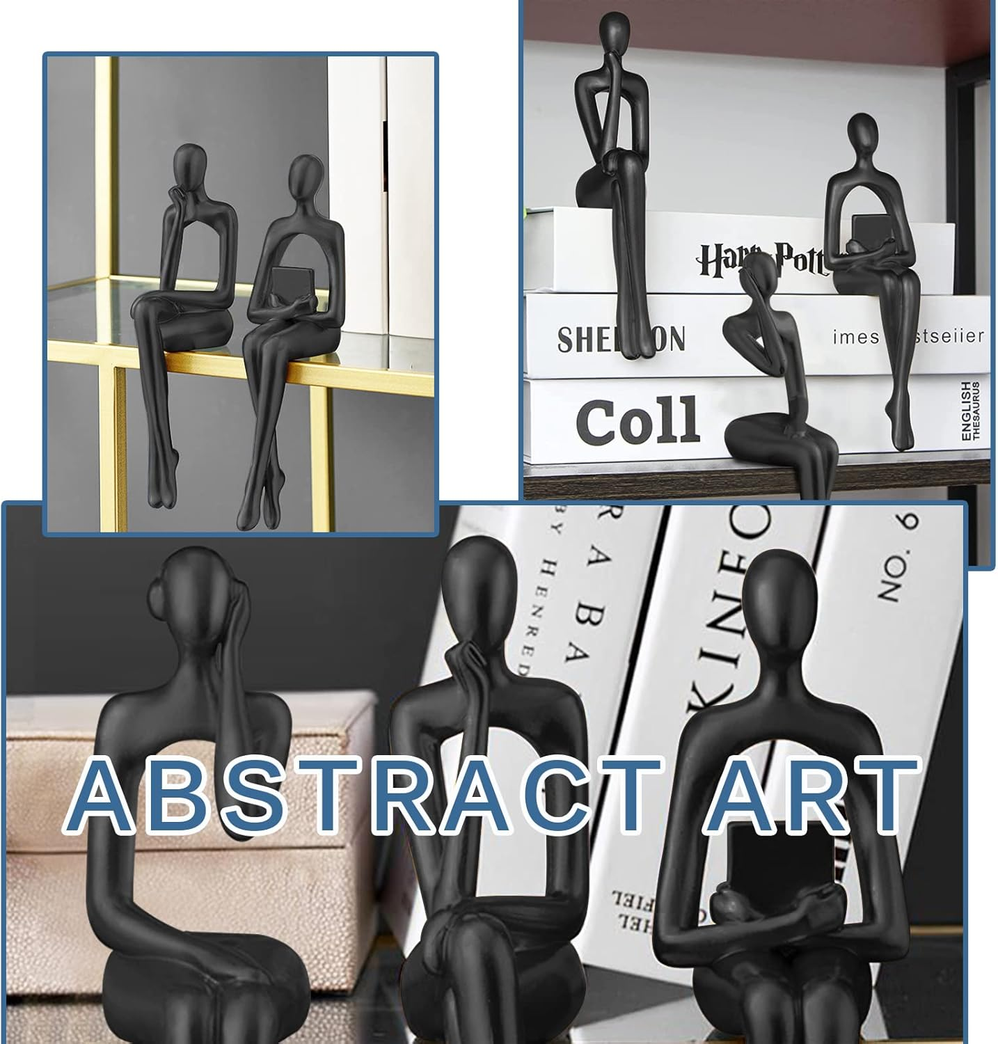 3PCS Modern Decor Sitting Thinker Abstract Art Sculpture, Collectible Resin Statue, Figurines Accent Home for Office Desktop (Black) image number 5