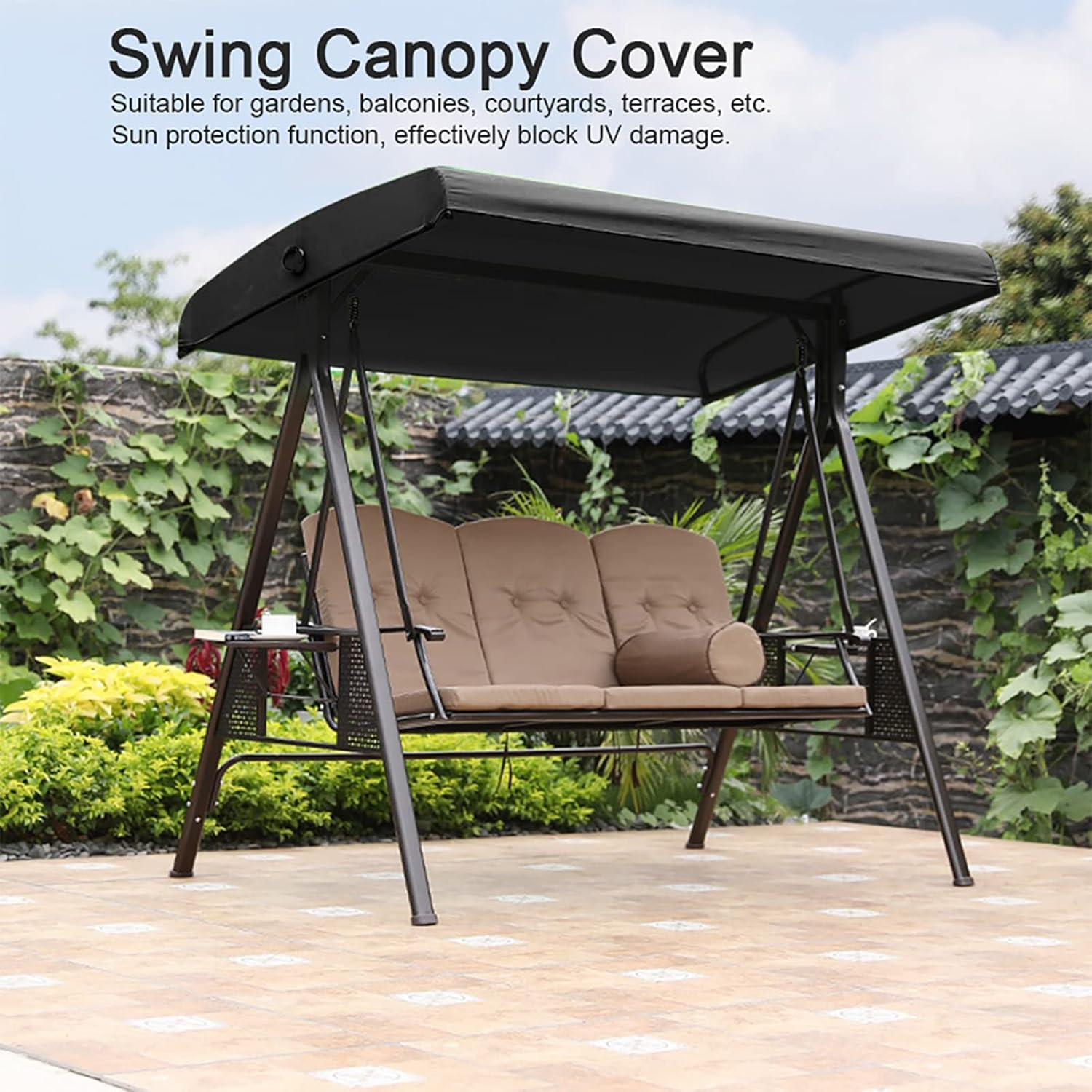 Garden Swing Canopy, Swings Chair Canopy Replacement Porch Top Sun Shade UV Resistant Awning Glider Windproof Hammock Roof Protection Replacements Poolside Balcony Backyard 75'' X 52''(Black) image number 3