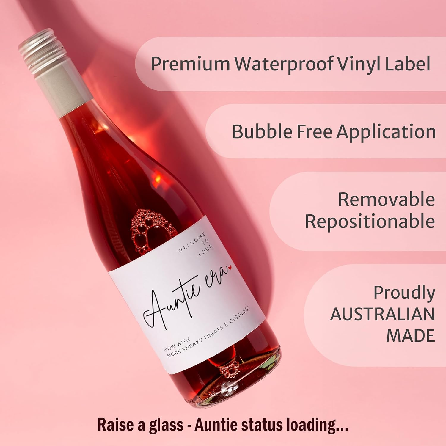 OZ DECO Wine Labels for Pregnancy Announcement & Auntie-To-Be Celebration - Welcome to Your Auntie Era - Waterproof, Easy Apply - 2-Pack, Made in Australia (M) image number 2