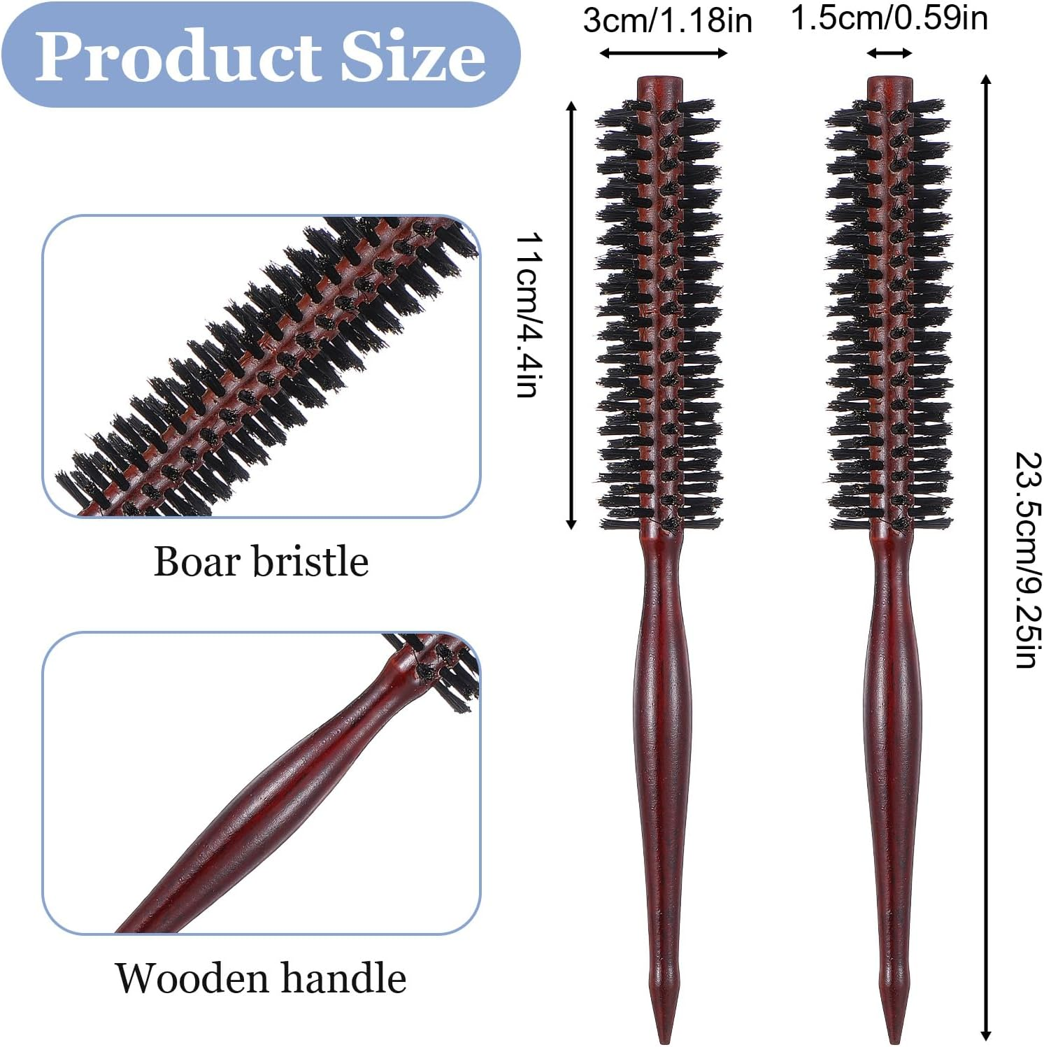Wanmu 2 Pcs Boar Bristle Hair Brush, Small Natural Bristles round Brushes Roller Beard Hairbrush with Wood Handle for Women Men Blow Drying, Styling, Thin or Short Hair, Restore Shine image number 5
