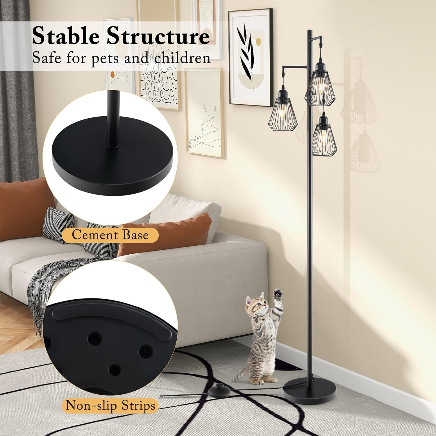 Costway Industrial Tree Floor Lamp, Farmhouse & Industrial Style, Black Metal, 3 Diamond-Shaped Birdcage Lampshades, Foot Switch, Stable Base & Non-Slip Strips, Energy Efficient LED, 27W, 168Cm Tall image number 4
