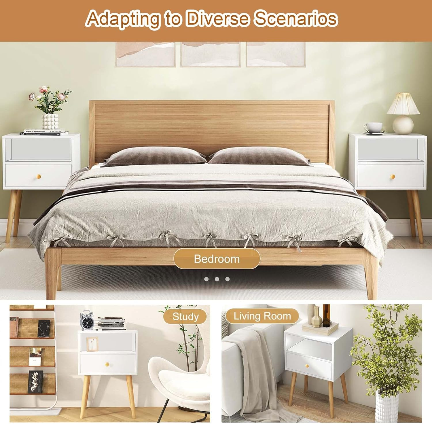 Bedside Table Drawers Side Organiser 40L&times;30W&times;59H, Small Desk Chest with Drawers,Bedroom Living Room Home Furniture Tallboy Lamp Stand Nightstand Cabinet (White) image number 4