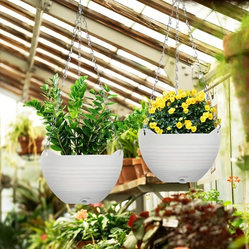Hanging Planters for Indoor Plants, 3Pcs Hanging Baskets for Outdoor Plants with Drainage Holes and Chain, round Plastic Flower Pots, Hanging Flower Pots for Balcony Garden Decor-White image number 3