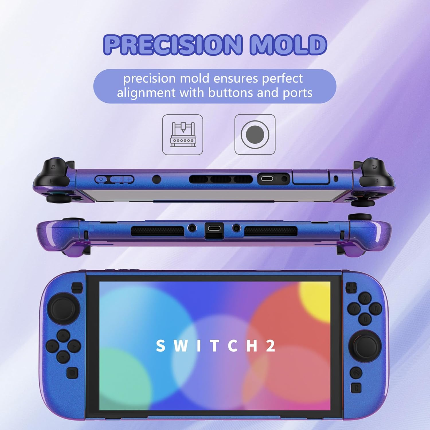 Playvital Glossy Protective Case for Nintendo Switch 2 with Extra Stand & Thumb Grip Caps | Solid Color Series, Chameleon Purple Blue image number 2