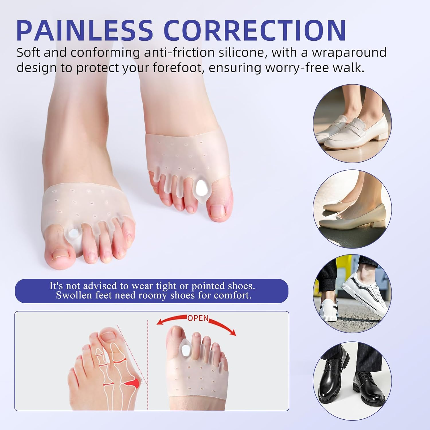 Hewaomm Adjustable Hyggear Silicone Toe Separators, 2 Pairs Spacers Bunion Corrector for Women Men, Ball of Foot Cushions for Overlapping Hammer Big Toes image number 2