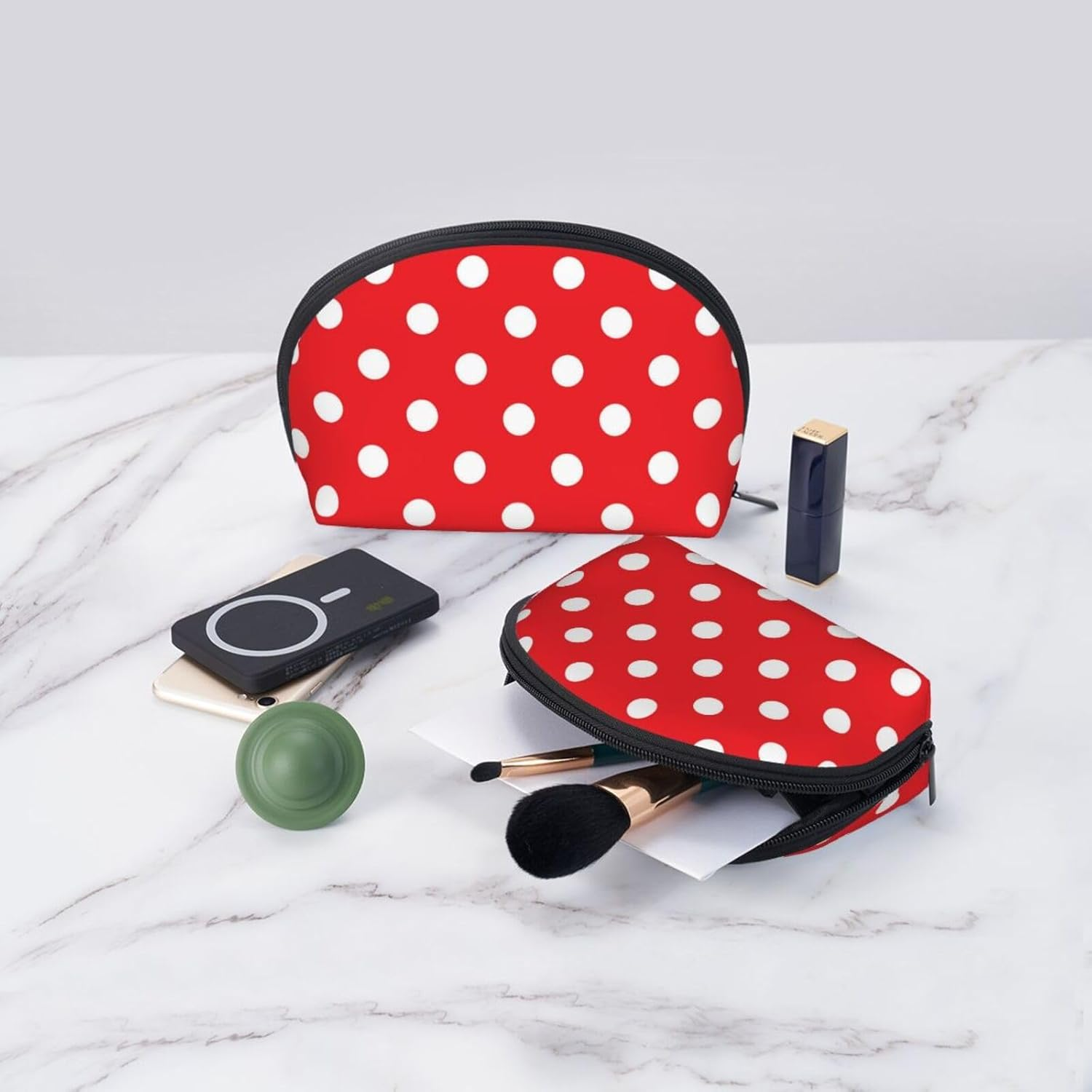 Cozimangoe Coin Pouch Makeup Bags Set, 2 Piece Shell Shape Cosmetic Bag with Pockets for Daily Travel Handbag Lipstick Keys Toiletry, Personalized Print White Polka Dots on Red image number 4
