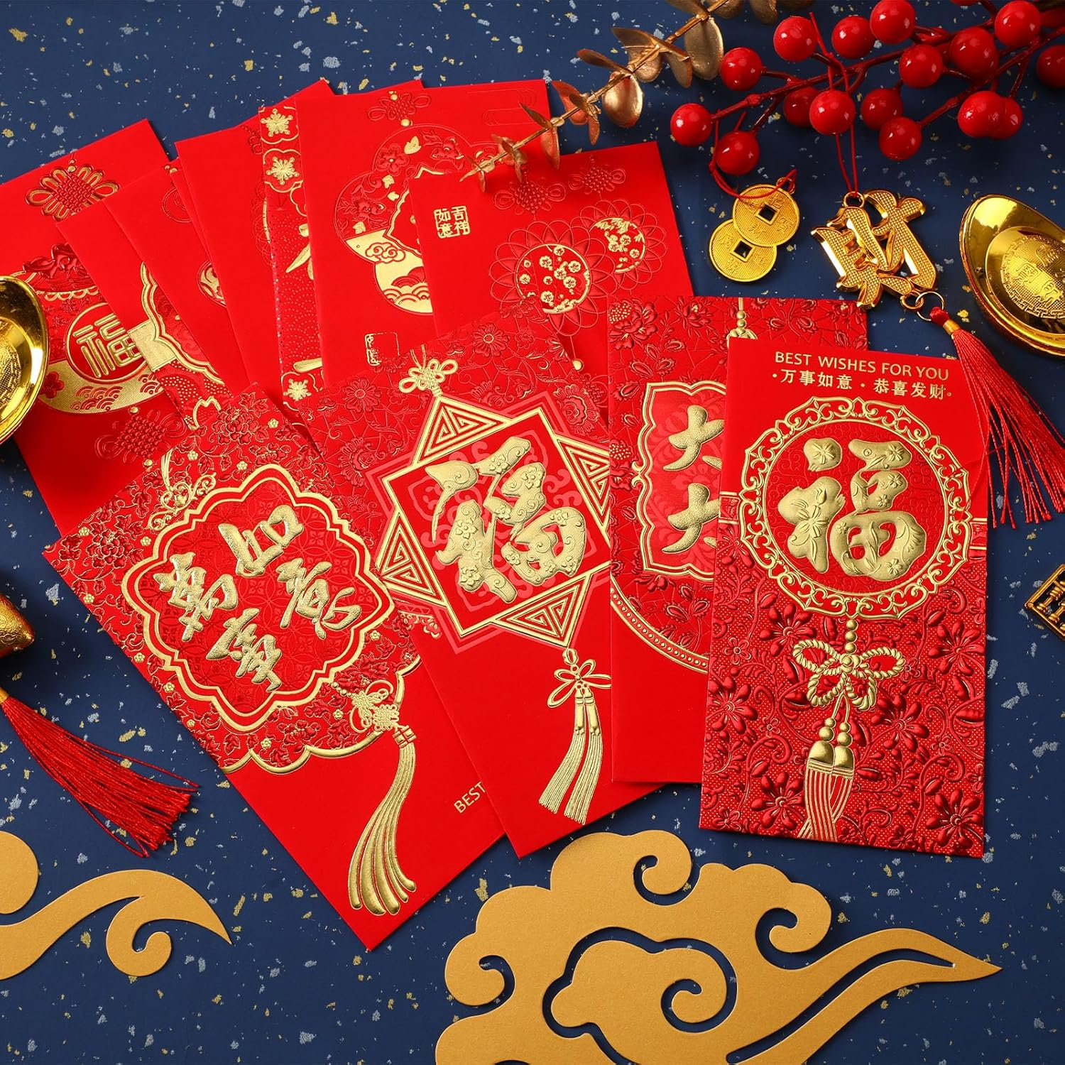 SEPGLITTER Chinese New Year Envelopes 2025, 54PCS Lunar New Year Red Envelopes for Spring Festival, 12 Styles Hong Bao Lucky Money Pockets with Gold Raised Foil image number 2