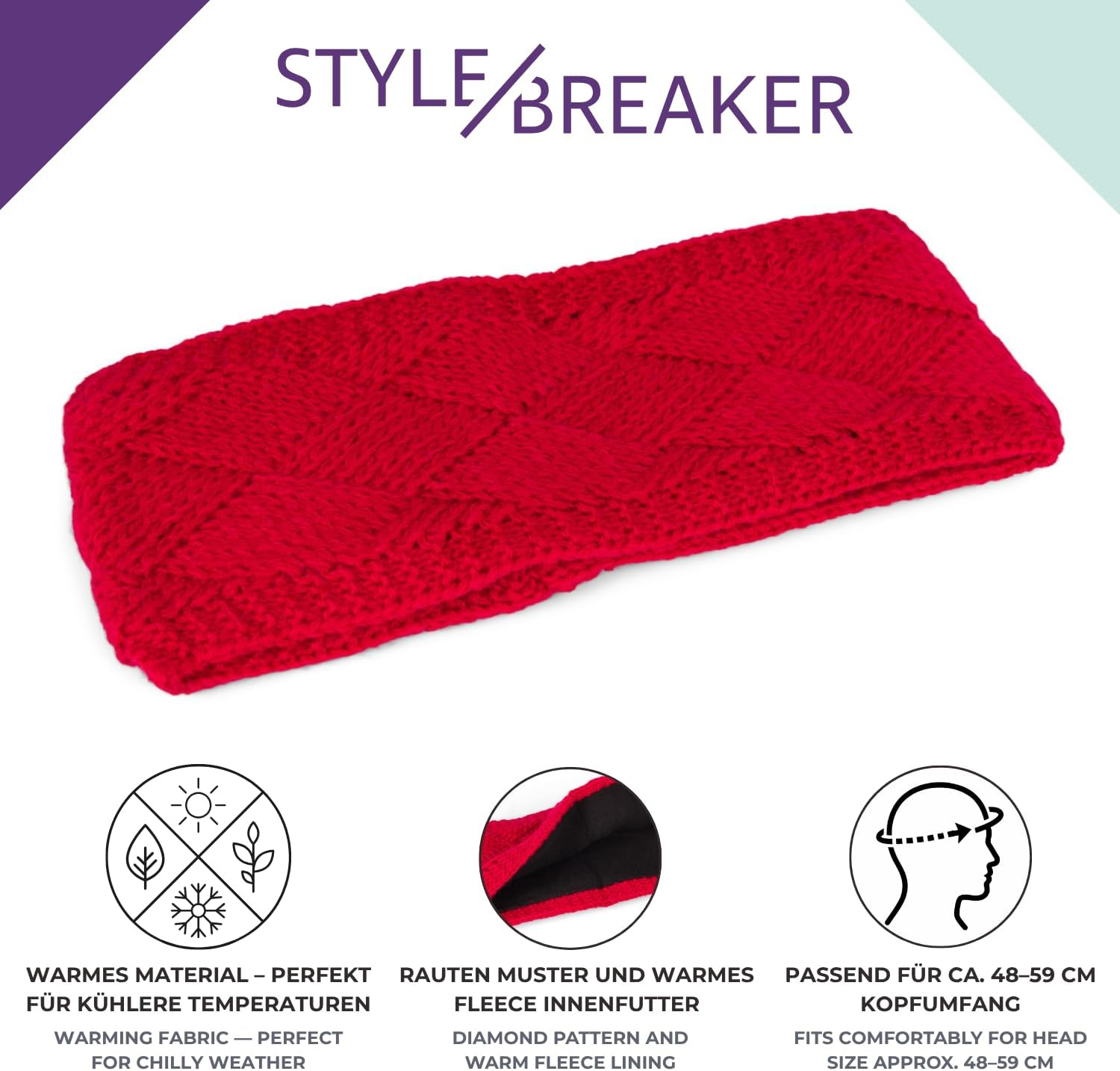 Stylebreaker 04026062 Women'S Knitted Headband Plain with Diamond Pattern, Thermal Fleece Lining, Winter Headband Plain Cream/White - Beige image number 5