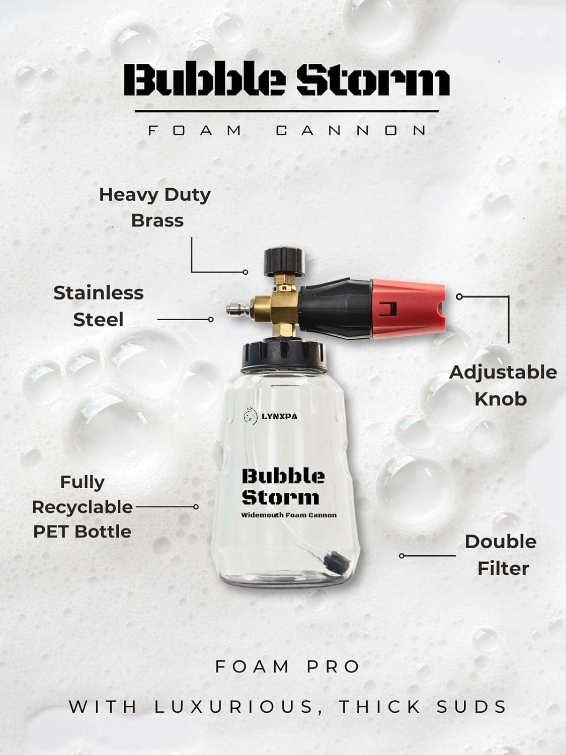 Bubble Storm Premium Foam Cannon for Pressure Washer, Wide Mouth, Adjustable Thick Foam Lance with 1/4 Inch Quick Connector for Car, Boat, and Home Wash, 4000 PSI, 34 Oz, 1.1Mm Orifice image number 4