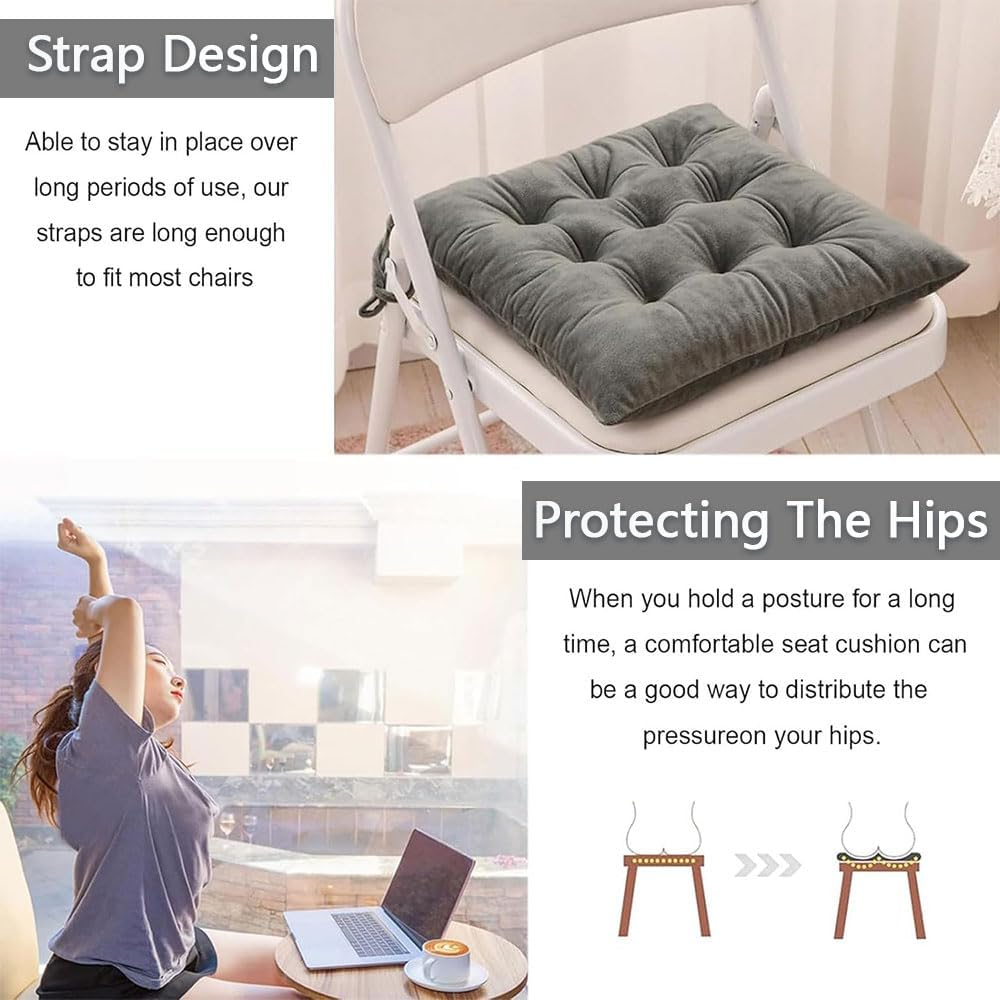 4 Pack Chair Cushions for Dining Chairs, Tufted Velvet Seat Pads with Ties, Soft Square Chair Pillows for Kitchen, Office, Desk & Living Room, Grey