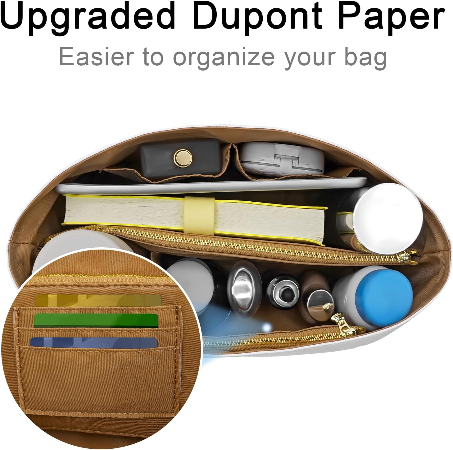 LOUKAYCCI New Dupont Paper Purse Organizer Insert for Longchamp Le Pliage M Handbag Insert (White&Brown, Medium) image number 4