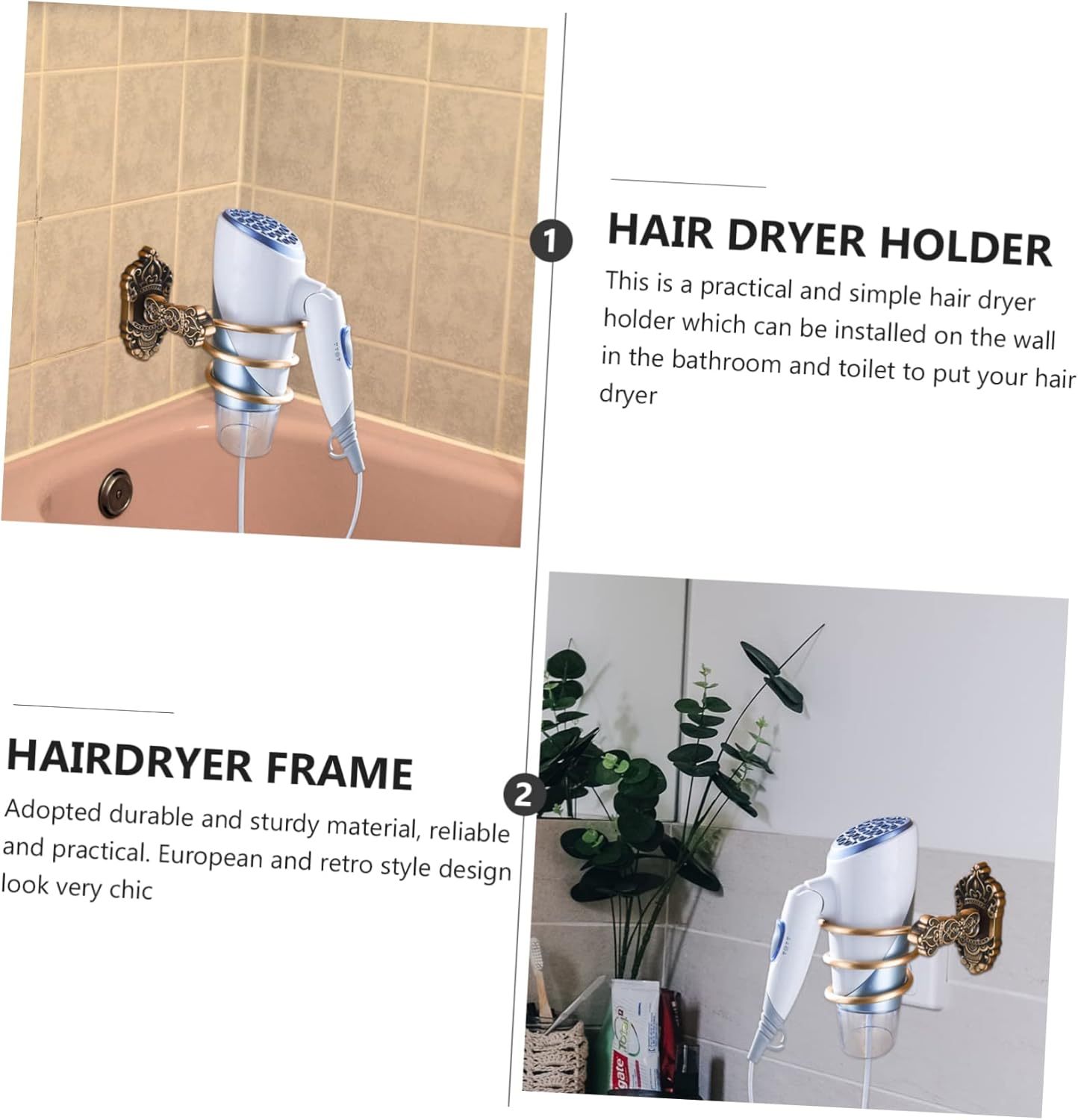 TOVINANNA Retro Space Aluminum Hair Dryer Holder European Style Wall-Mounted Hair Dryer Rack Vintage Crown Design for Bathroom Storage image number 1
