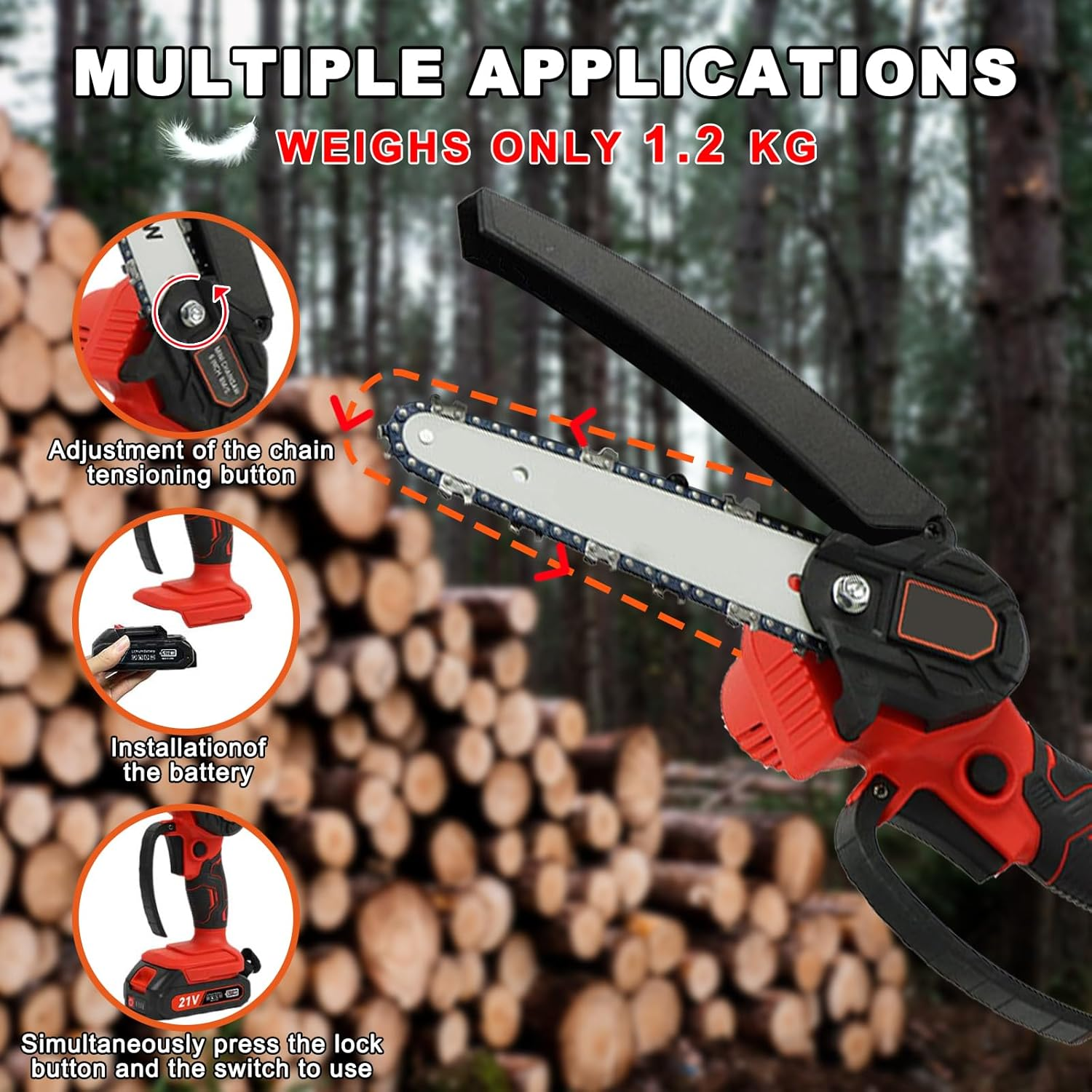 TFMOJHST Super Saw Mini Chainsaw Cordless 6 Inch,Mini Electric Chainsaw Cordless Pruning Saw，With 2Pcs Batterie&3 Chains Handheld Chainsaw Battery Powered,Small Chainsaw for Wood Cutting Trimming-Red image number 5