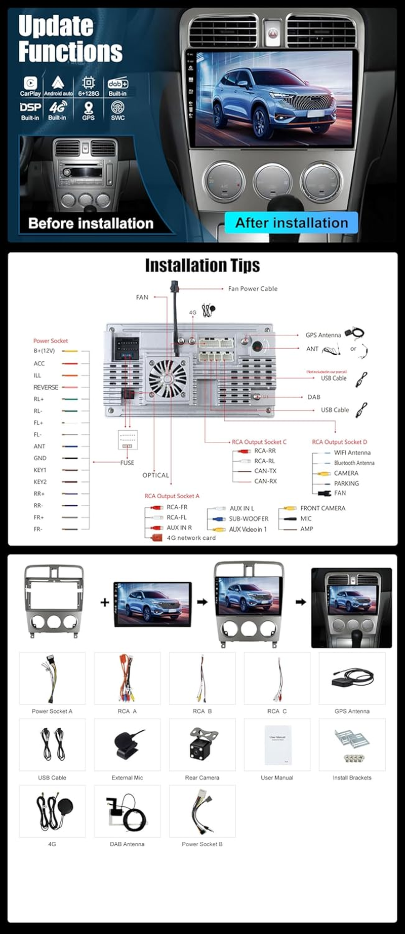 Bxliyer【Built-In 4G DAB】 Android 14-6G+128G Car Stereo for Subaru Forester (2004-2008) - Wireless Carplay/Android Auto - Camera + MIC - IPS 9 Inch 2 Din - Steering Wheel Fast-Boot 360-CAM HDMI DSP image number 4