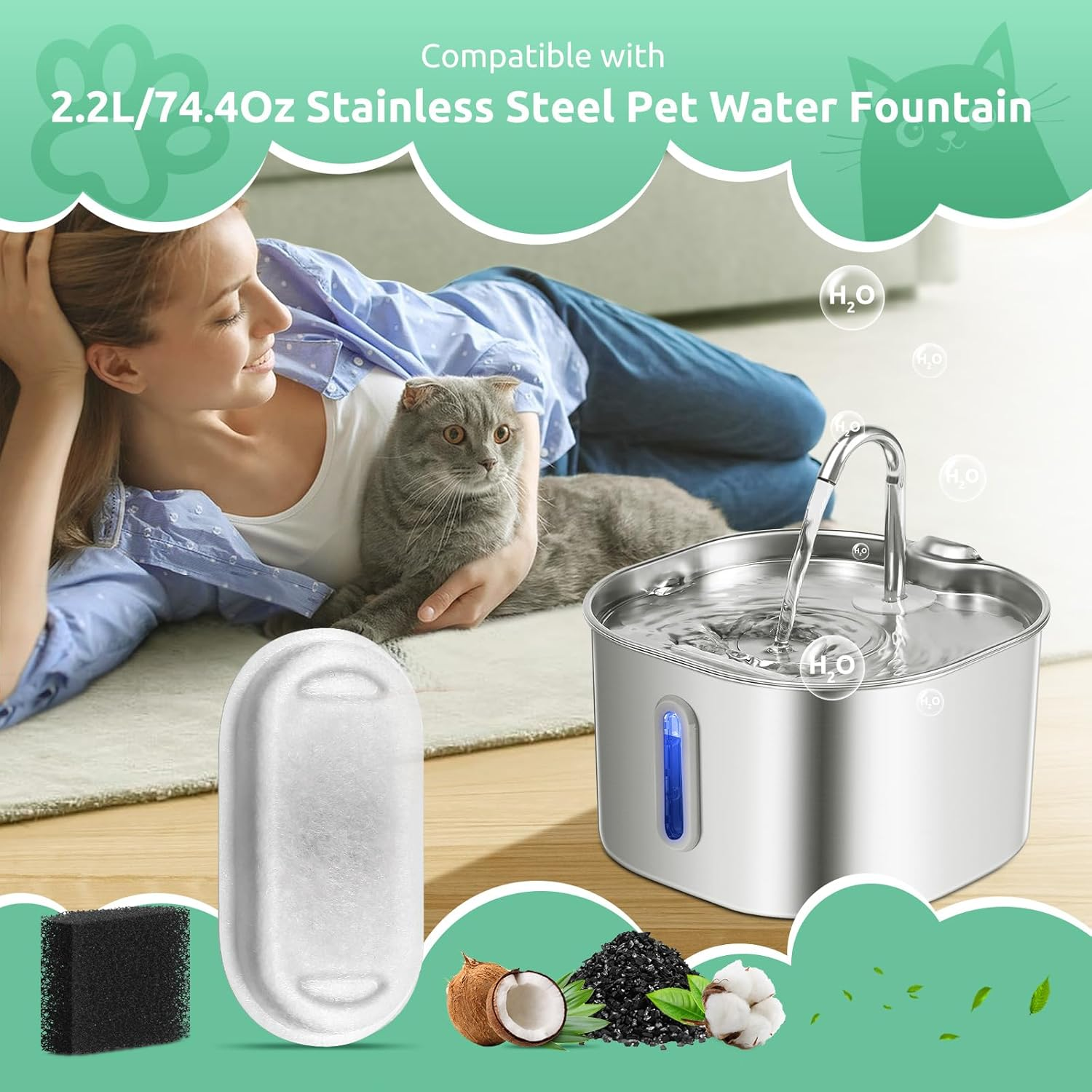 8-Pack Cat Fountain Filter Replacement for 108Oz/3.2L & 74Oz/2.2L Stainless Steel Cat Water Dispenser, 8 Pieces Carbon Filter & 8 Pieces Foam Triple Filtration Filter for 2L Drinking Fountain Bowl image number 4