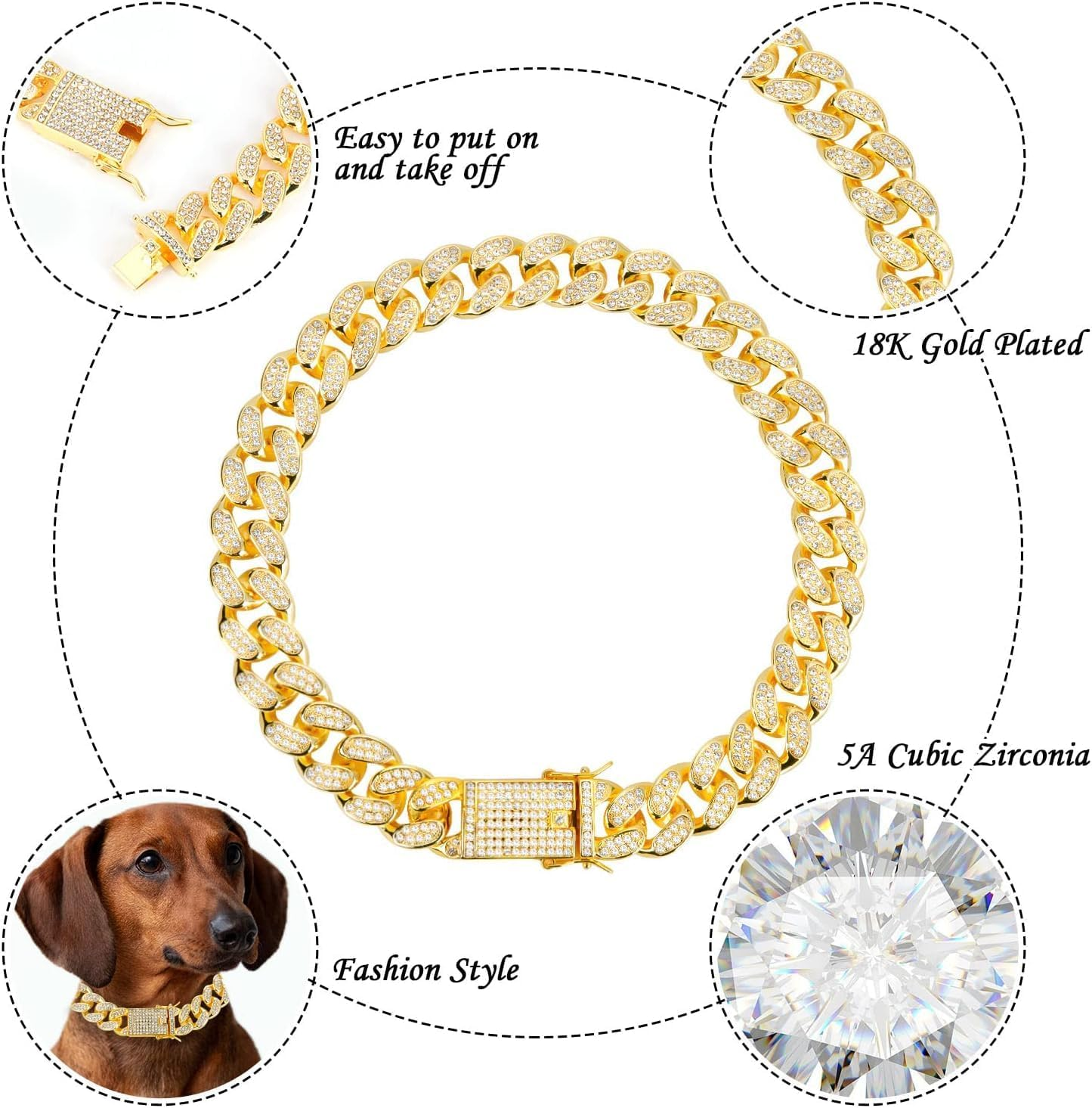 Dog Chain Collars, 15Mm Width Diamond Cuban Link Dog Collar, Gold Chain Dog Collar with Secure Buckle, Dog Necklace Metal Cat Chain for Medium Large Dogs Cats, 18 Inches image number 2