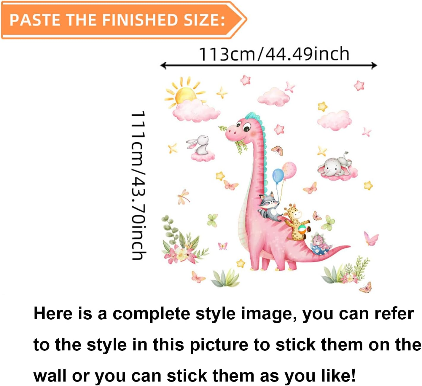 Pink Dinosaur Wall Decals Girls Room Pink Cartoon Animals Wall Stickers Peel and Stick Wall Art for Kids Bedroom Living Room Nursery Playroom Classroom Wall Decor image number 2