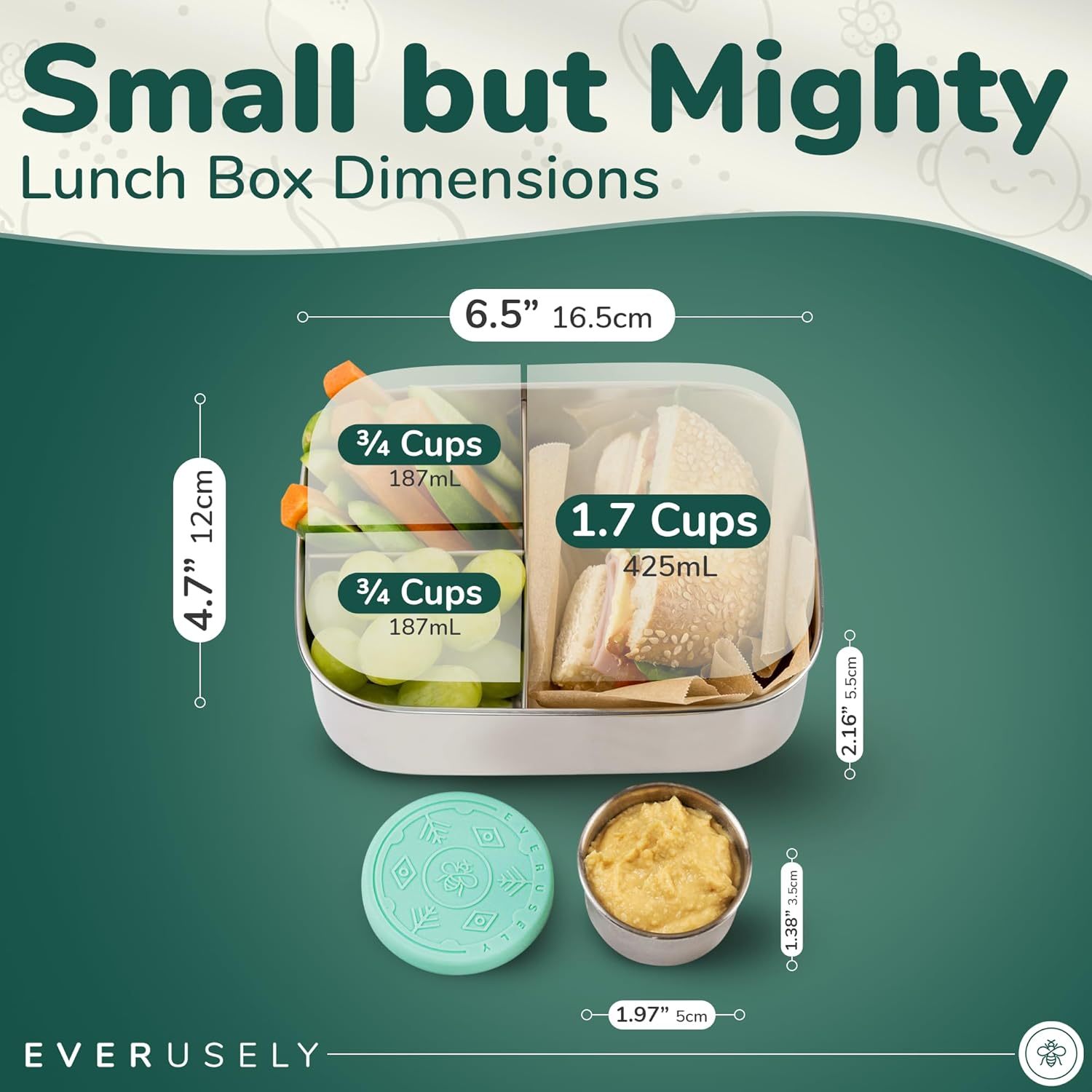 Everusely Small Stainless Steel Bento Box for Kids, 3 Compartment Metal Lunch Box with Bonus Leakproof Dip Container, Stainless Steel Lunch Containers, Eco Tiffin Lunch Box