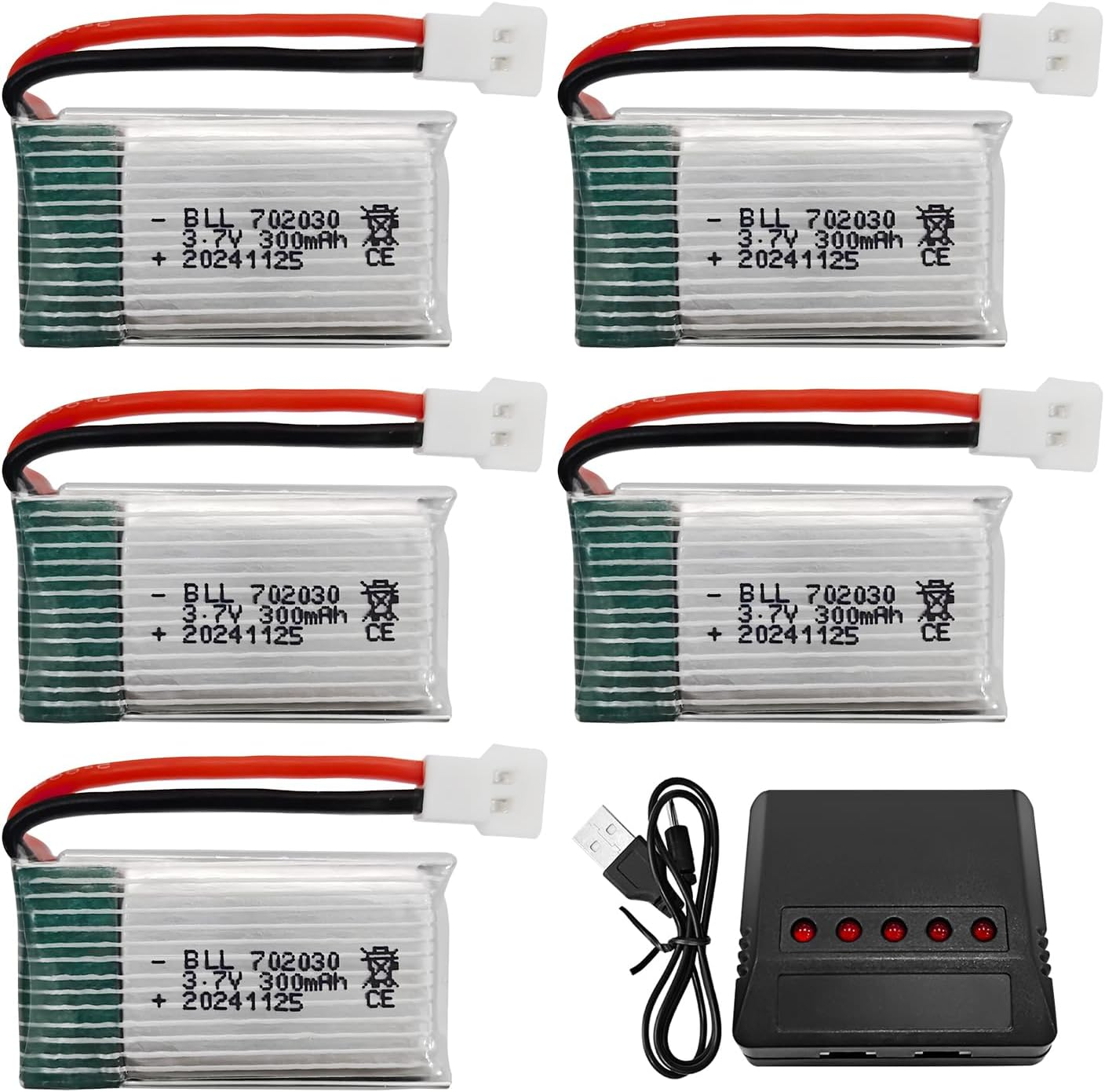 5PCS 3.7V 300Mah Lithium Battery with 5In1 Charger for Syma S39 X11C Wltoys V911S A120 XK A150 V966 FX801 UDI U816A Hubsan H107L F180W F180C HS170 HS170C HS177 Quadcopter Drone Battery image number 3