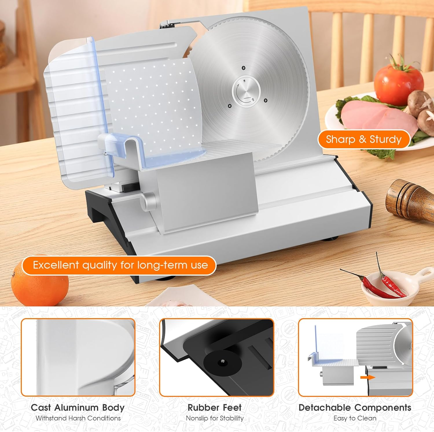 ADVWIN Meat Slicer, Electric Food Slicer with 8.6" Removable Stainless Steel Blade & Food Carriage, 0-20Mm Adjustable Thickness Upgraded Meat Slicer, Cheese Fruit Vegetable Bread Food Slicer image number 6