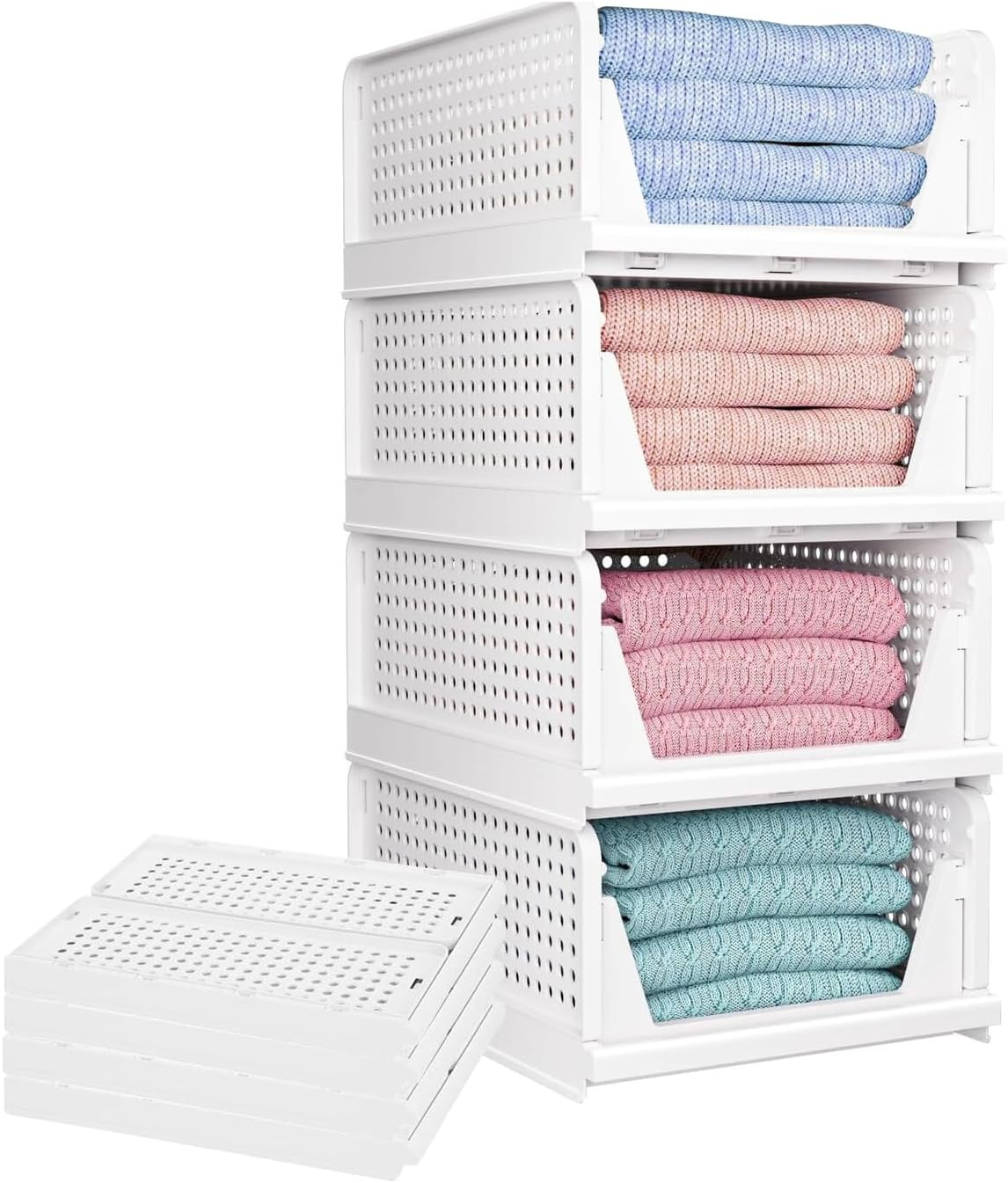 GMYMTM 4Pcs Large Stackable Plastic Storage Basket Bins Foldable Closet Storage Basket Drawer, Folding Organizers Clothes Drawer for Clothes, Beauty, Bathroom, Kitchen, Tools, Snacks (4L) image number 1