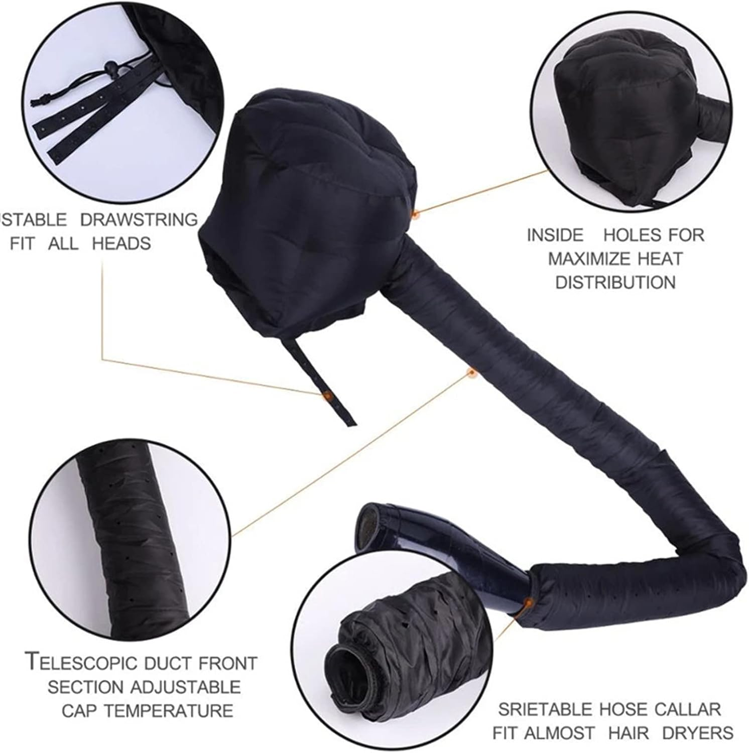 ZANZER Bonnet Hood Hair Dryer Attachment,Adjustable Portable Hooded Hair Dryer Bonnet Cap Hands Free for Hand Held Hair Dryer- Speeds up Drying Time at Home, Easy to Use for Styling,Deep Conditioning (Black) image number 4