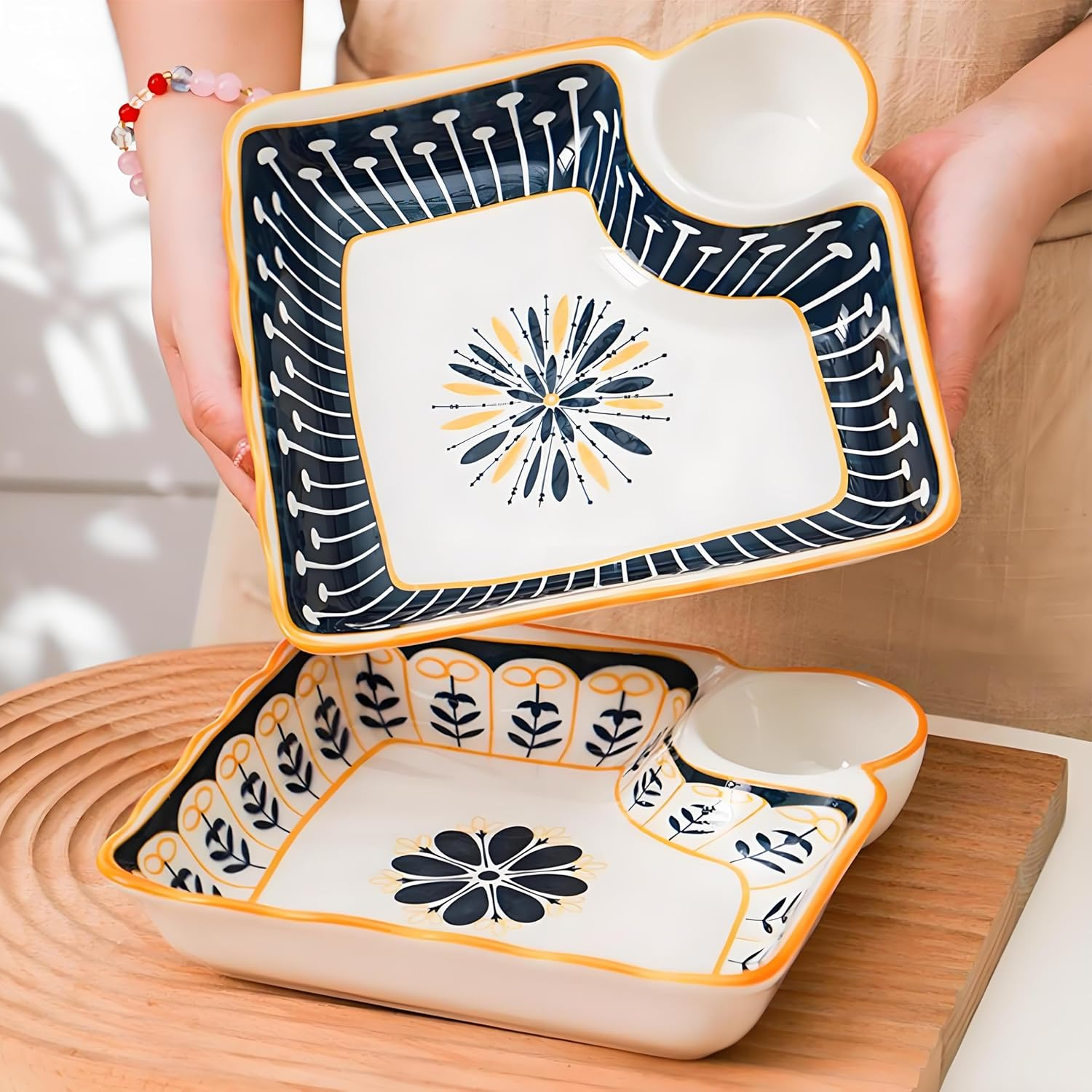 Noamus 4 Pack Dumpling Plate with Dipping Saucer, 7.5" Ceramic Japanese Sushi Platter, Colorful Square Serving Plate with Dish for Home Kitchen, Snack Dessert Salad Fries Fruit Gyoza image number 3