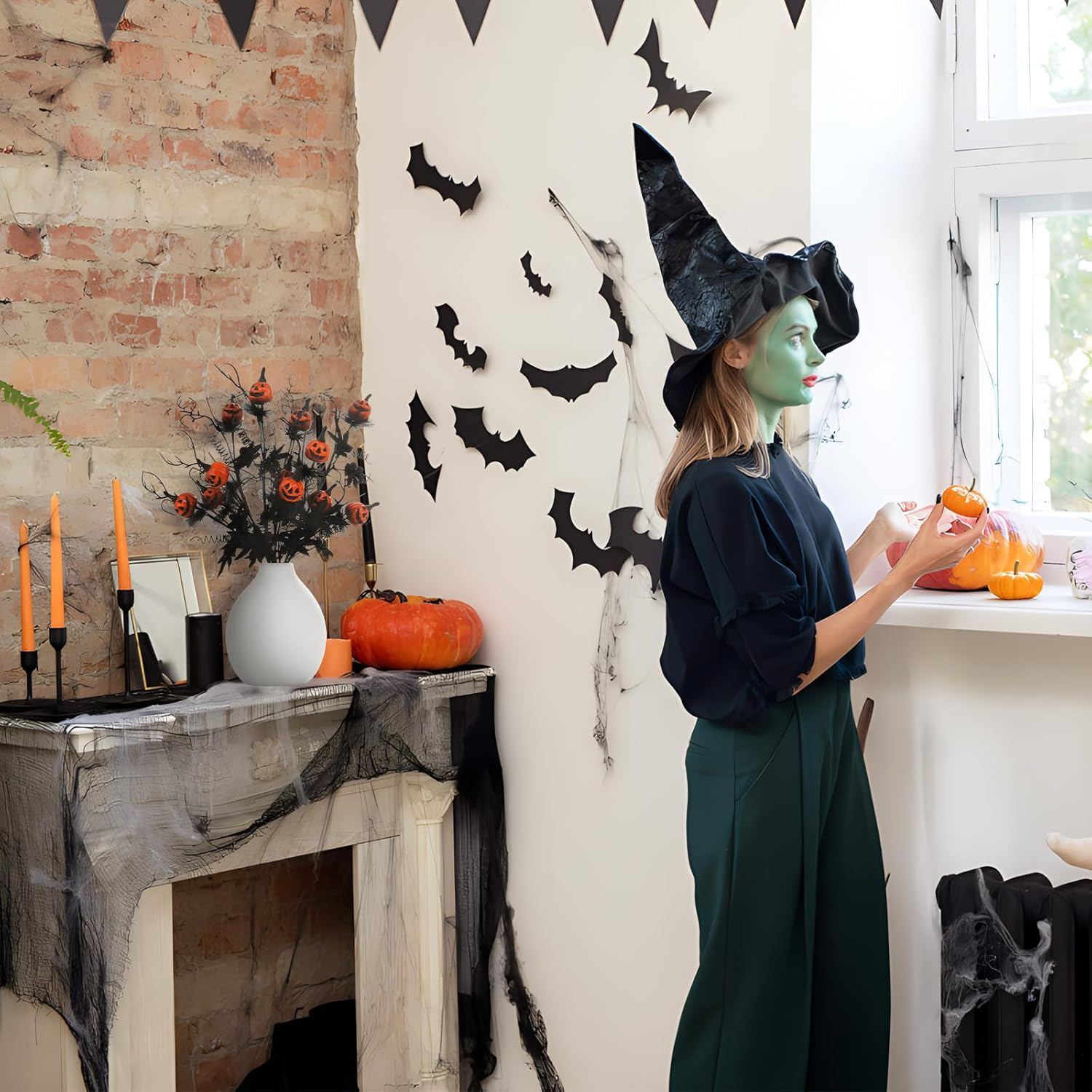 Rosecraft 5PCS Halloween Decorations, 19.5Inch Artificial Pumpkin Maple Leaf Floral Stems Halloween Branches Decoration, for Home Indoor Party Vase Arrangement Decor（Black/Orange）. image number 2