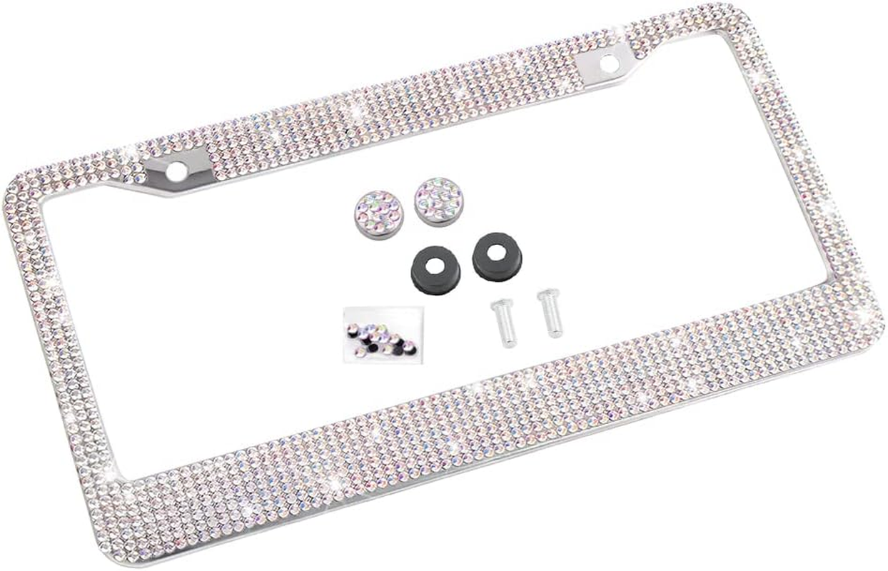 Bling Car License Plate Frame, Sparkly Rhinestone Stainless Steel License Plate Cover/Holder, Universal for Most Cars, Suvs, Vehicles with Screw Set, Auto Accessories for Women (Light Blue)