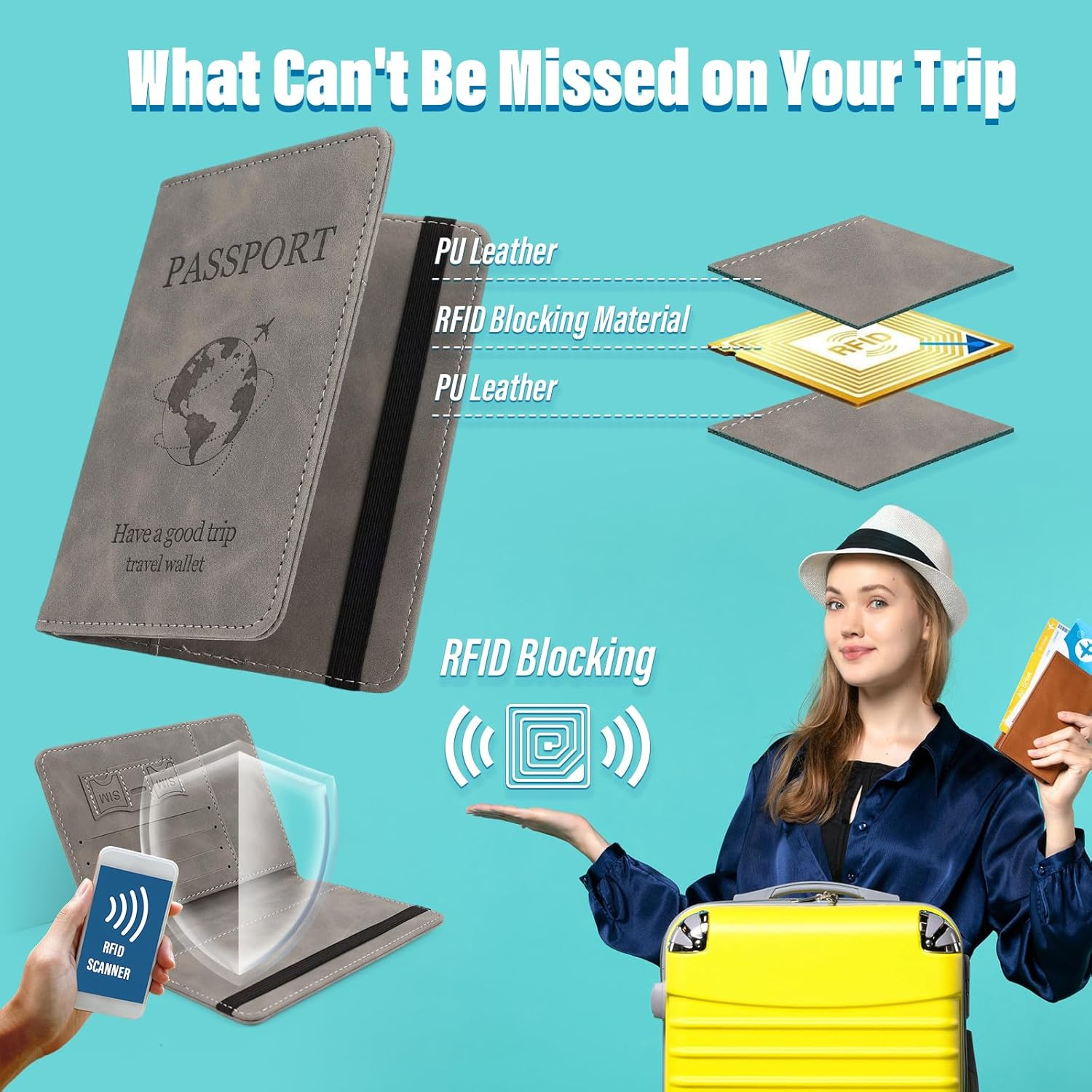 Fiohiros Passport Holder for Women and Men, Premium Leather RFID Blocking Passport Wallet, Passport Cover Travel Essentials for ID & Credit Cards, Perfect for Plane Trips, Journeys (Grey) - Grey image number 2