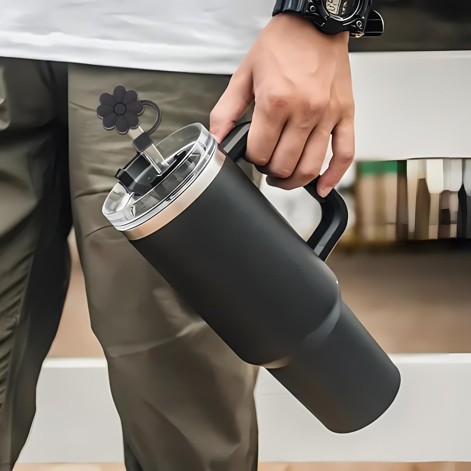 Stanley Cup Accessories, 1Pc Flower Stanley Straw Cover Silicone Straw Topper for Stanley 30&40 Oz Tumbler with Handle and 1Pc Initial Letter Charm for Stanley Cup (Letter J) - Letter A image number 3