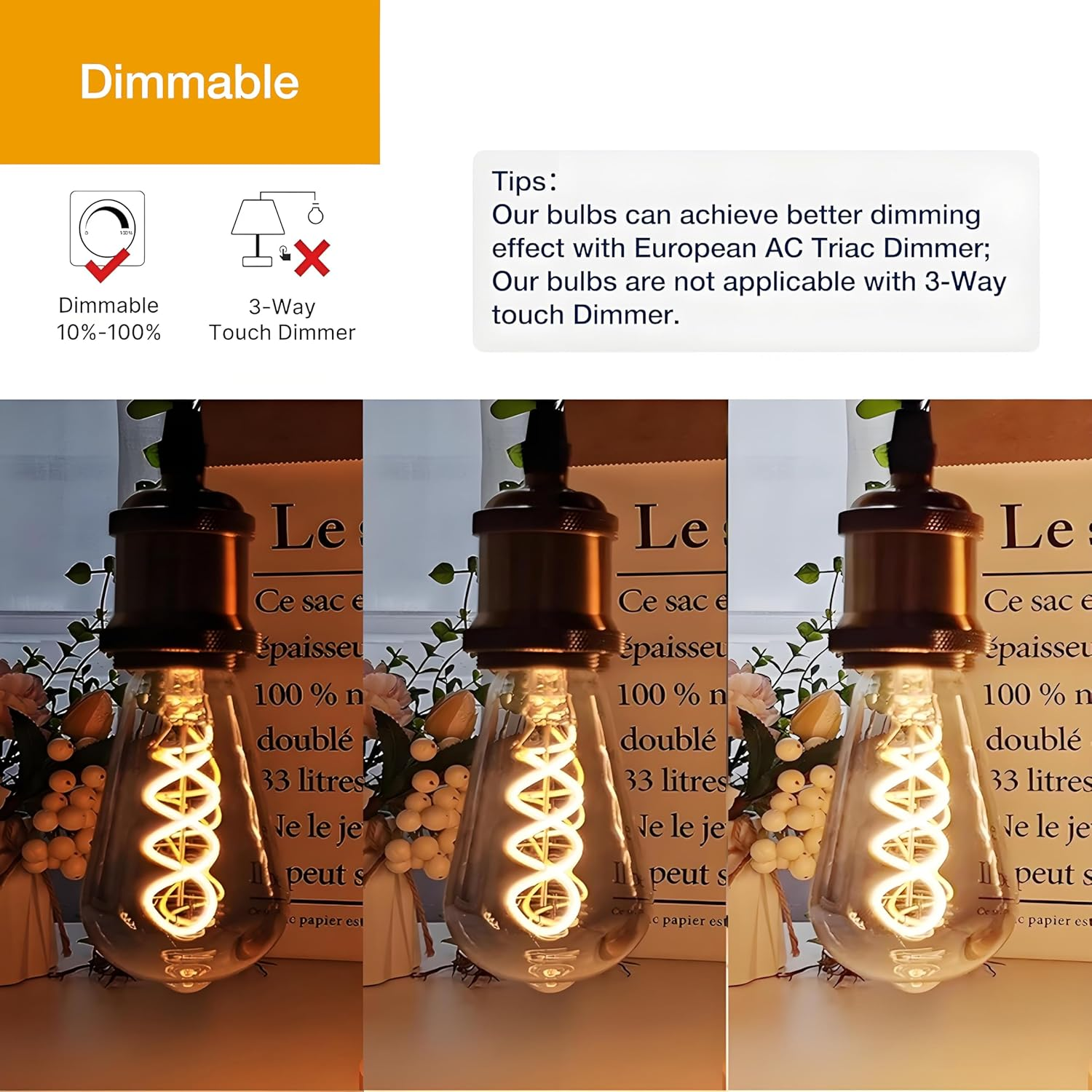 Vanpus 4 W LED Edison Bulb, Dimmable 2700 K Warm White, E27 Socket, 20,000 Hours Lifespan, 90+ CRI, Smoke Grey Glass Vintage Lamp - Pack of 3 image number 1