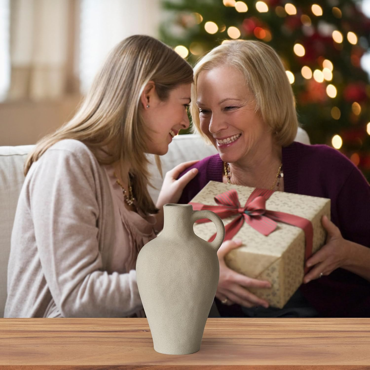 Ceramic Rustic Vase Farmhouse Decor: Beige Pitcher with Handle - Vintage Flower Terracotta Stoneware Jug - Matte Pottery Home Decor for Shelf, Mantel, Centerpiece, Table Decorations - 2 Handles 8.6" image number 6