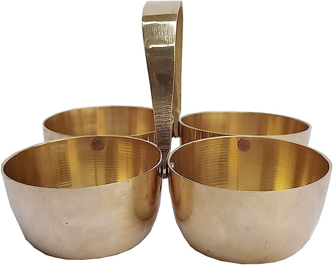 Brass Metal Chowmukh/Puja, Roli, Chawal, Mishri/Chowmukh/Patra/Haldi Kumkum Holder 4 Bowl Stand Holder (Size -3) Set of - 1 PCS (3.5 Inch 225ML)