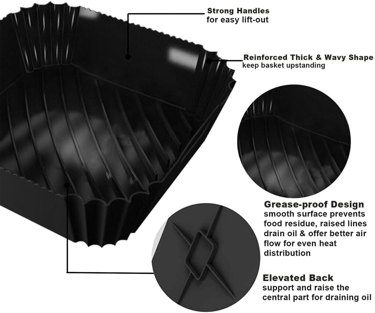 AIMALL Silicone Air Fryer Pot - Non-Stick Reusable Basket Liner, Baking Tray with Strong Handles, Grey & Black