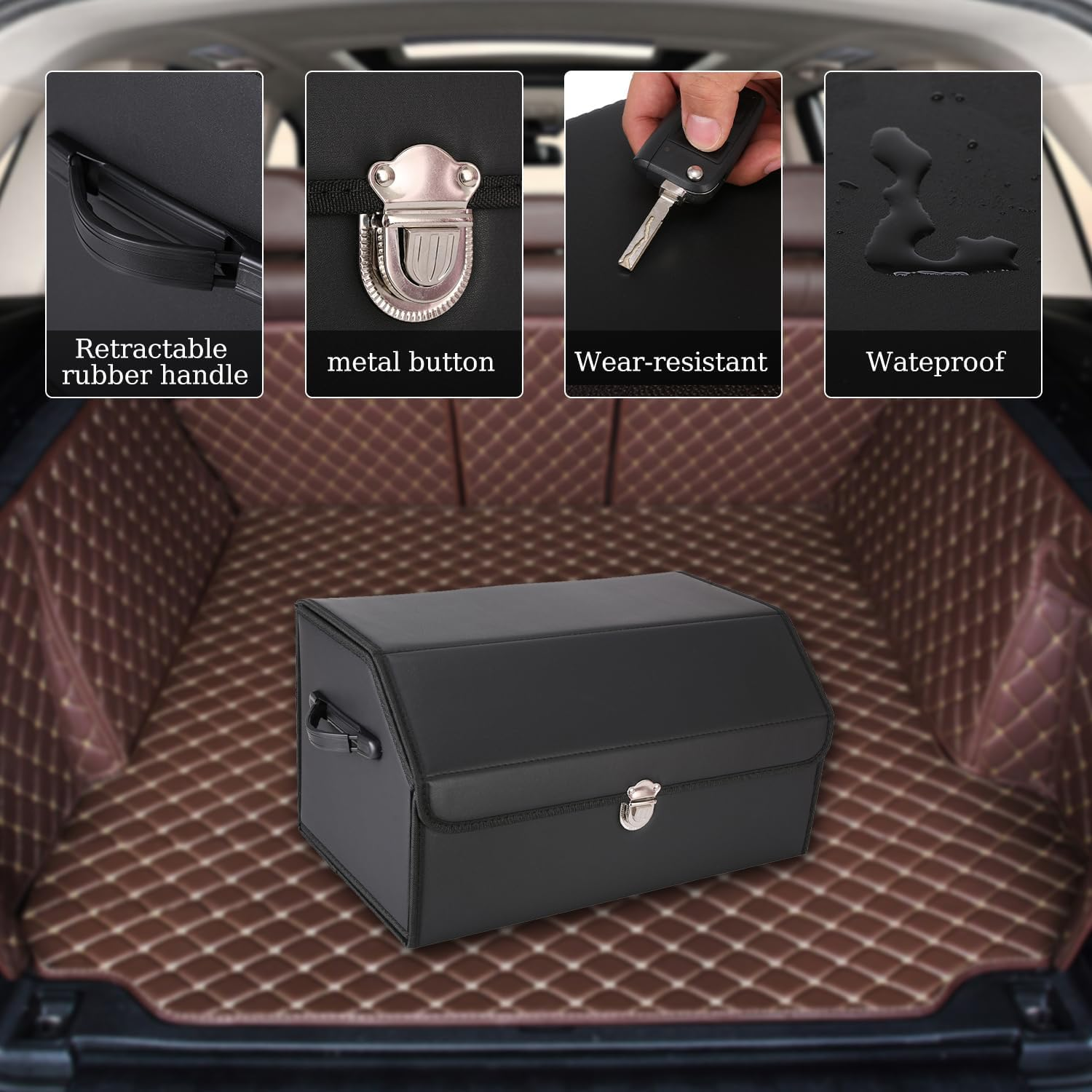 Trunk Organizers for Car, Boot Organizer for Suvs, Leather Storage Box for Sedan, Button Lid, Collapsible Adjustable Compartment Boot Tidy Organizer Accessories for Sedan Pickup Truck RV (Black) image number 2