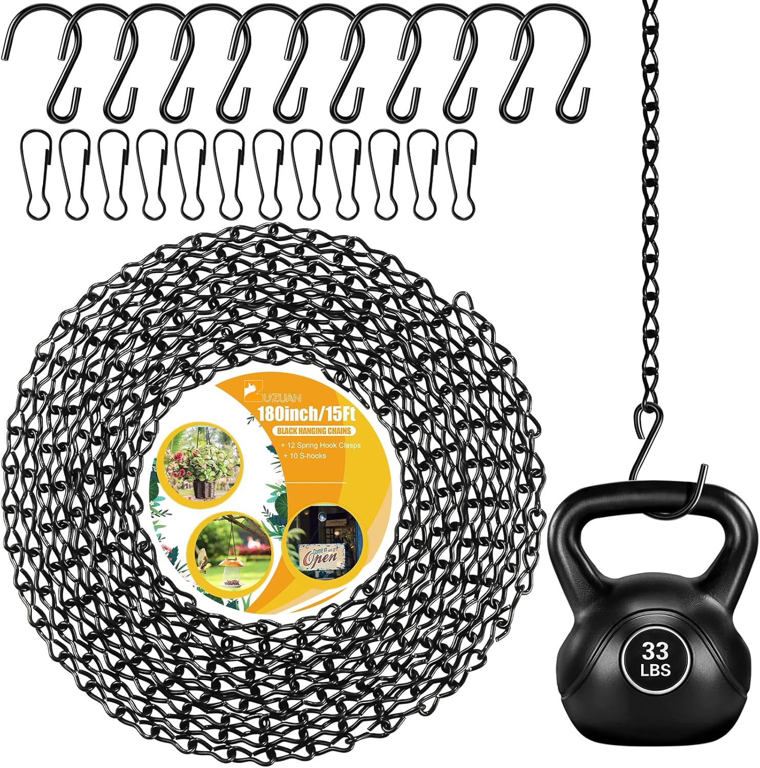 Upgraded 180&rdquo;Heavy Duty Metal Hanging Chains with Hanging Basket Hooks Set for Planters,Birdcage,Birds Feeder,Grow Lights,Lanterns,Billboards,Wind Chime and Ornaments,Chain Hooks Diy,Black image number 3