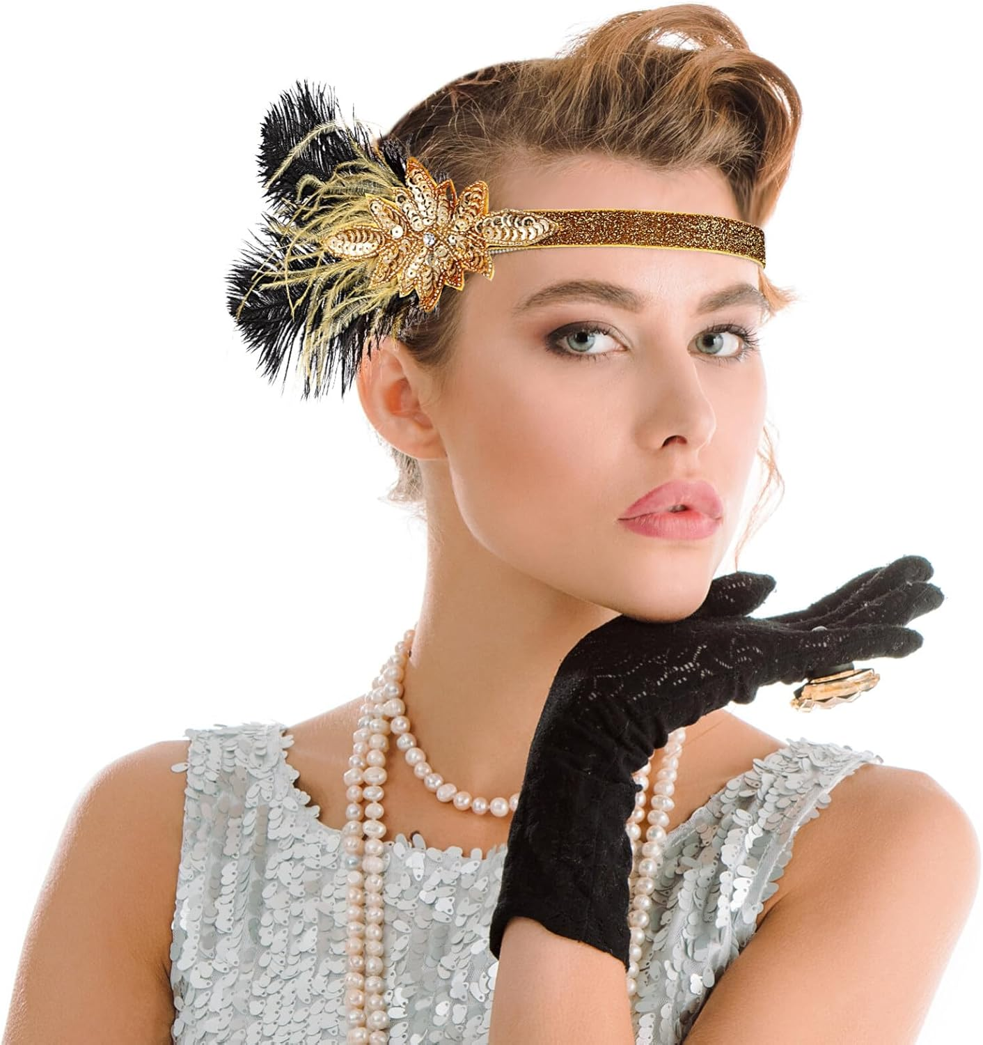 FRCOLOR Vintage Style Sequin Headband Gold Fascinator Women'S Elastic Headwear for 1920S Theme Events image number 5