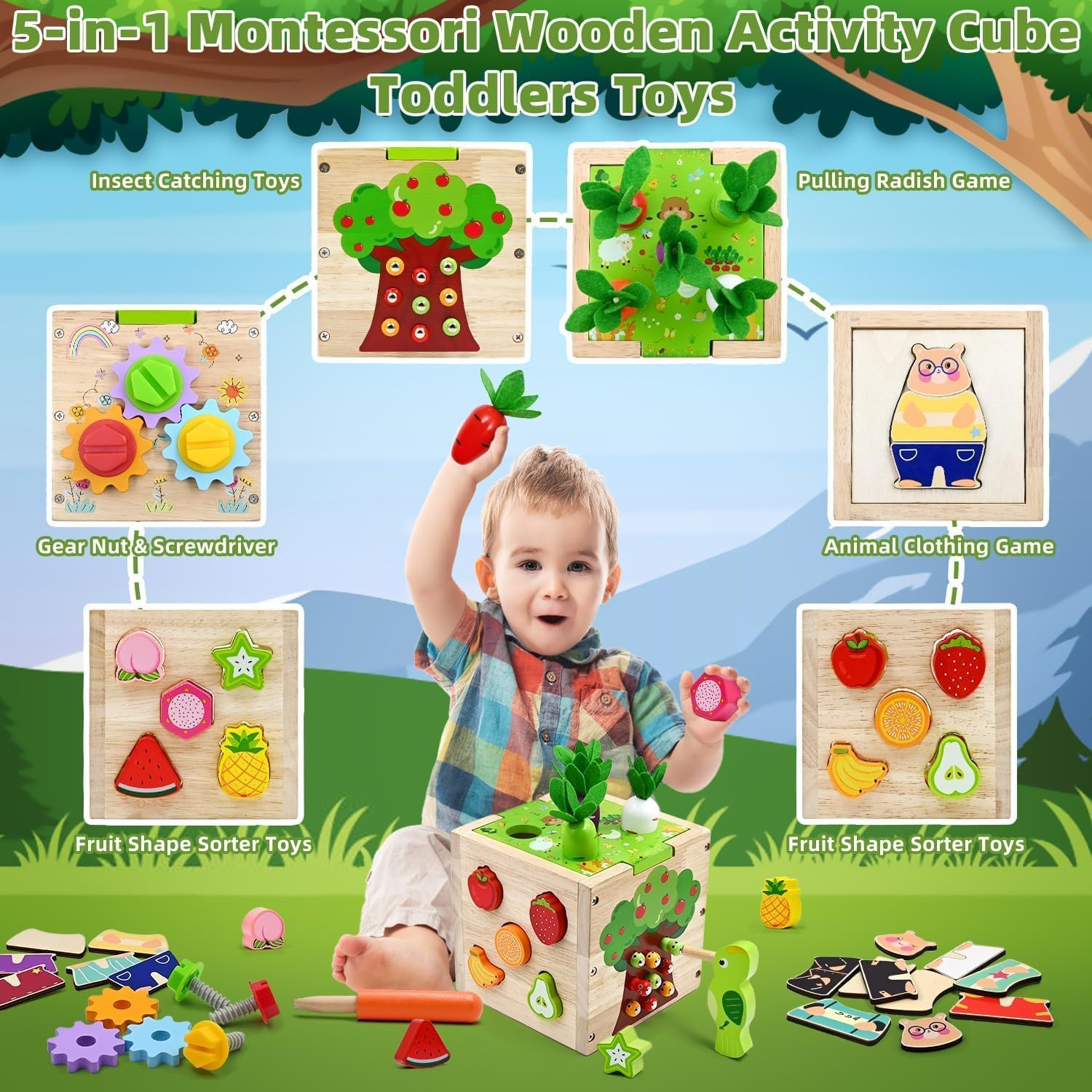 Montessori Wooden Educational Toys, Wooden Activity Cube Center Toys, Baby Toy 6 to 12 Months, Preschool Learning Activities, Fine Motor Skills Sensory Toys for 2 3 4 Year Old Boys Girls
