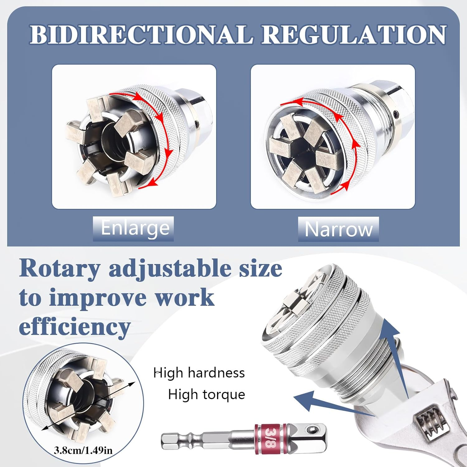 Betinyar Adjustable Universal Socket Wrench, Suitable for 10-19Mm Hex Head Nuts and Bolts Driver Tool for 3/8" Power Drill and Ratchet Wrenches image number 3