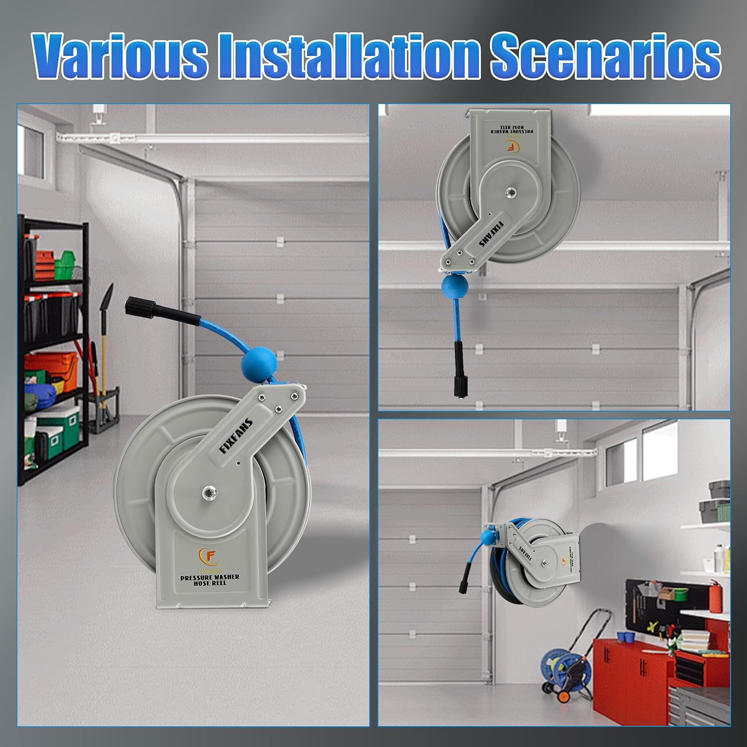 FIXFANS Pressure Washer Hose Reel with Hose, 1/4" &times; 60Ft Retractable Power Washer Hose Reel, Heavy Duty Hose Reel Auto Rewind, Wall Mounted, 3600 PSI image number 2