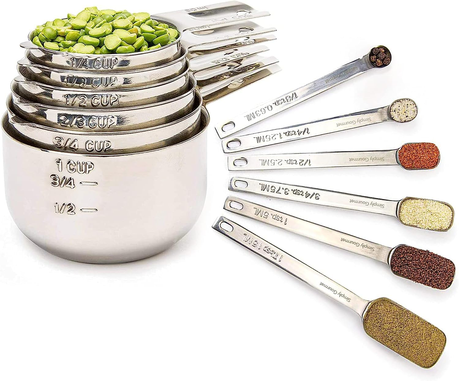 Simply Gourmet 12 Piece Stainless Steel Measuring Cups and Spoons Set. Includes 6 Dry Measuring Cups and 6 Measuring Spoons. Silver