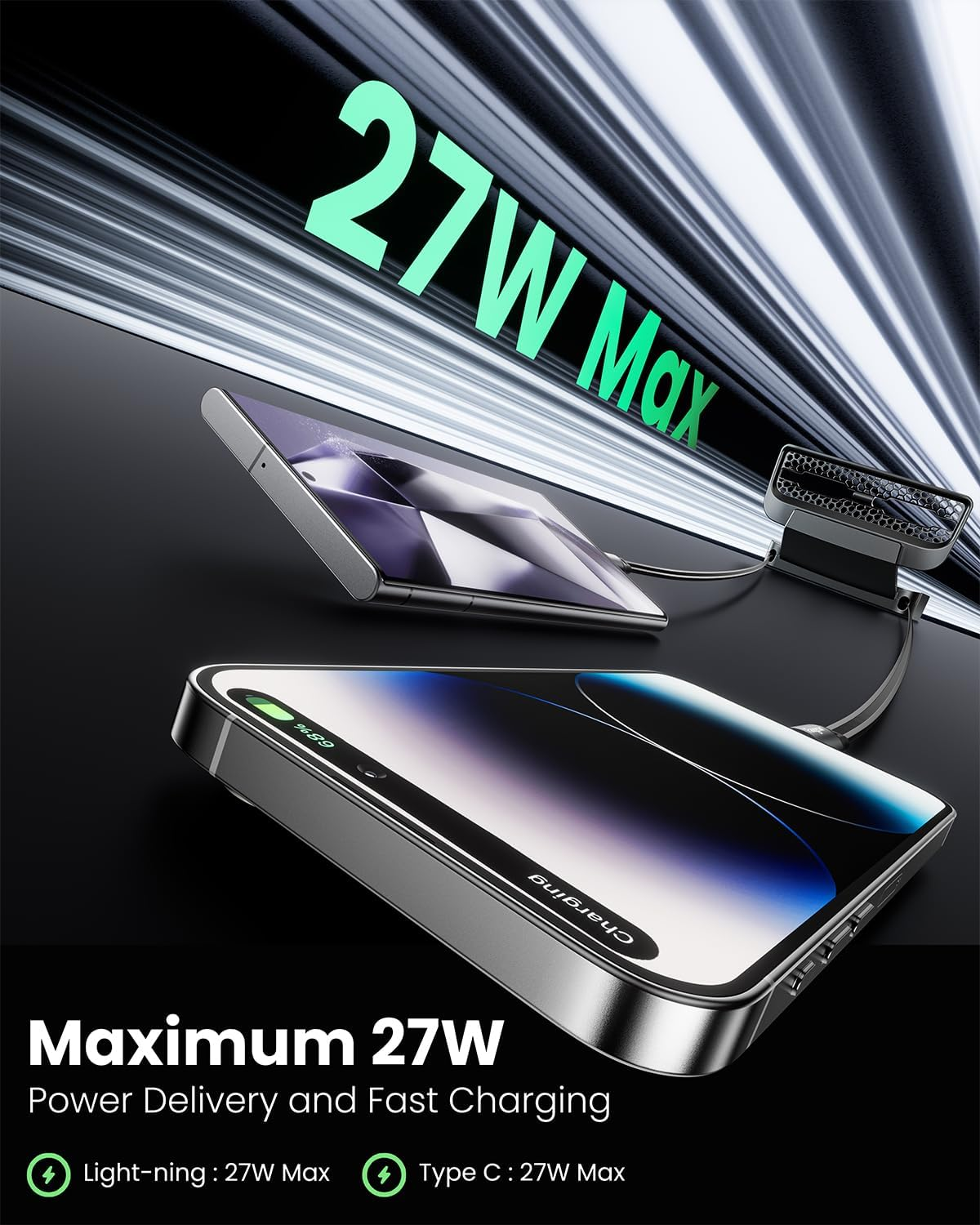 Fasgear Rear USB Charging Hub Docking Station Compatible for Tesla Model Y 2024, Model 3 Model Y (2021 2022 2023) 80Cm 27W Retractable Lightning Cable & Type C Cable with Rear AC Vent Outlet Cover image number 3