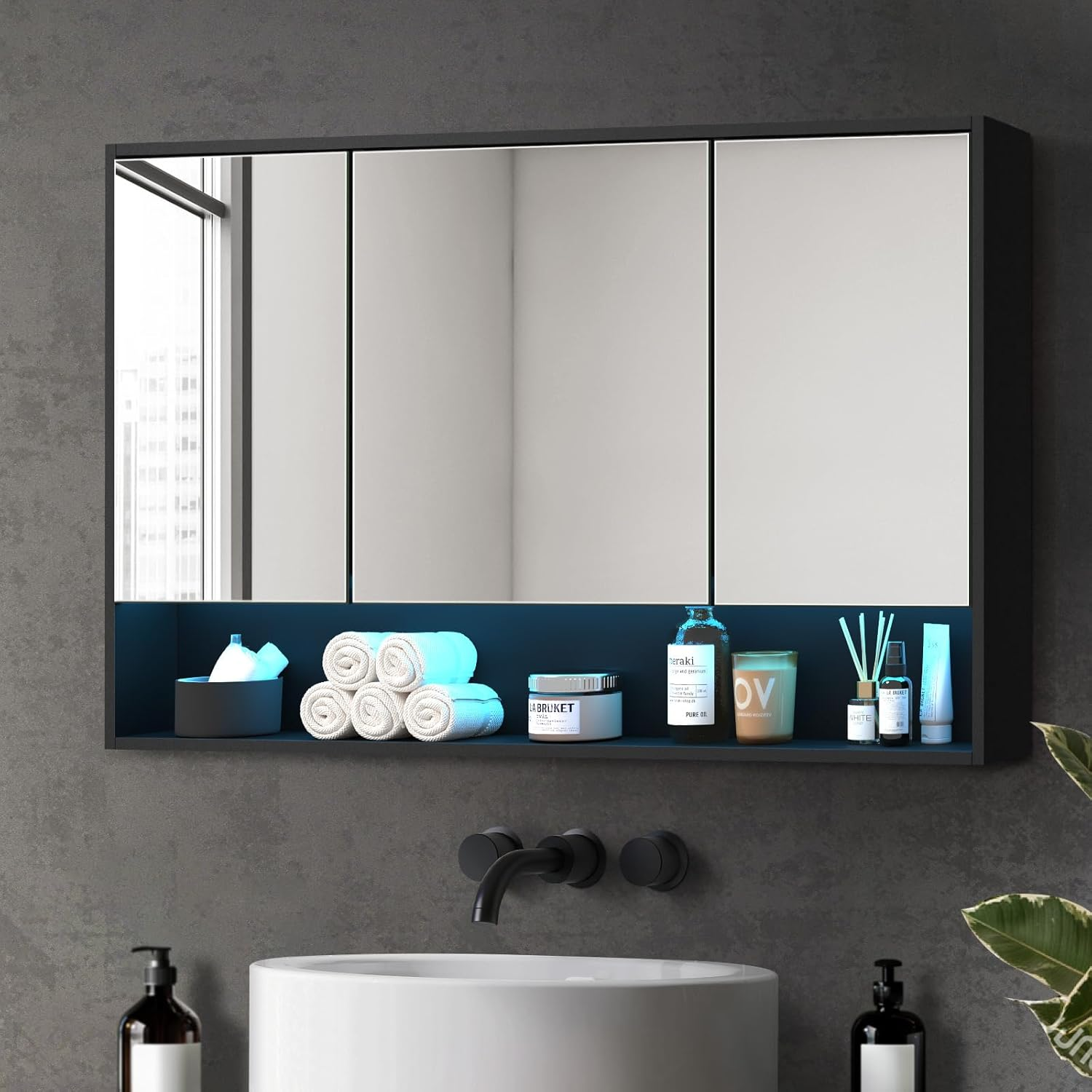 OIKITURE Bathroom Mirror Cabinet with 16 LED Lighted Colours, Bathroom Cabinet with Closed and Opened Wall Mount Storage Shelves, Cupboard Shower Mirror, White, 75&times;75Cm