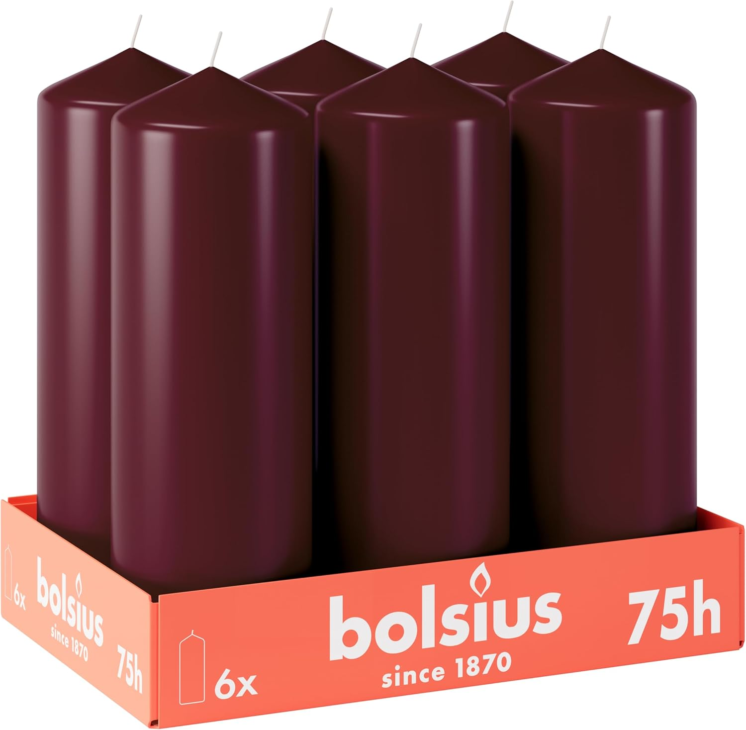 Bolsius Smooth Pillar Candles - Bordeaux Red - Pack of 6-20 X 7 Cm - Decorative Household Candles - Burn Time 75 Hours - Unscented - Contains Natural Plant Wax - without Palm Oil image number 2