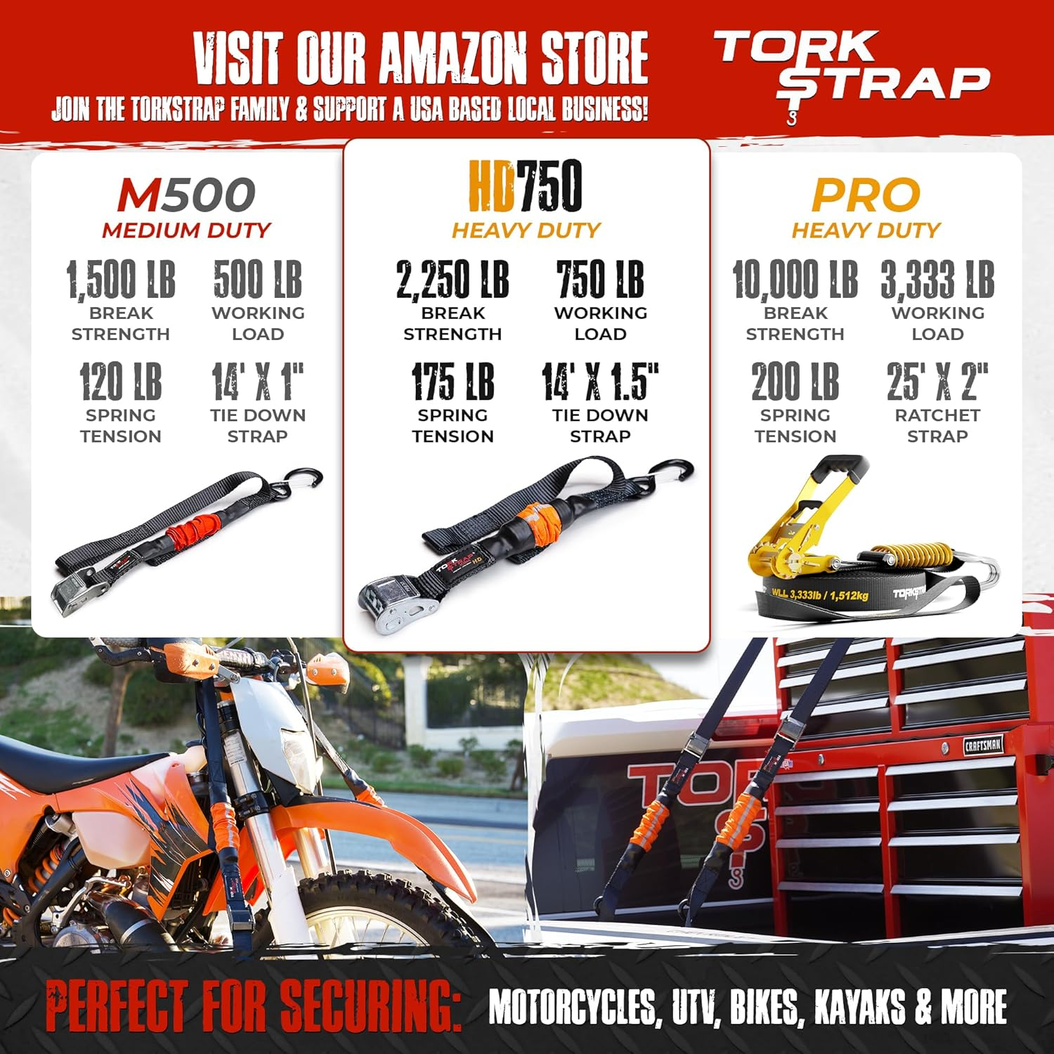 Torkstrap HD750 | 14'X1.5'' Spring Loaded Tie down Straps - Adapts to Load Shifts - Heavy Duty 2250Lbs Max Load - Just Pull Alternative to Ratchet Straps W/Hooks - Secure Motorcycles, Kayaks (2-Pack) image number 6