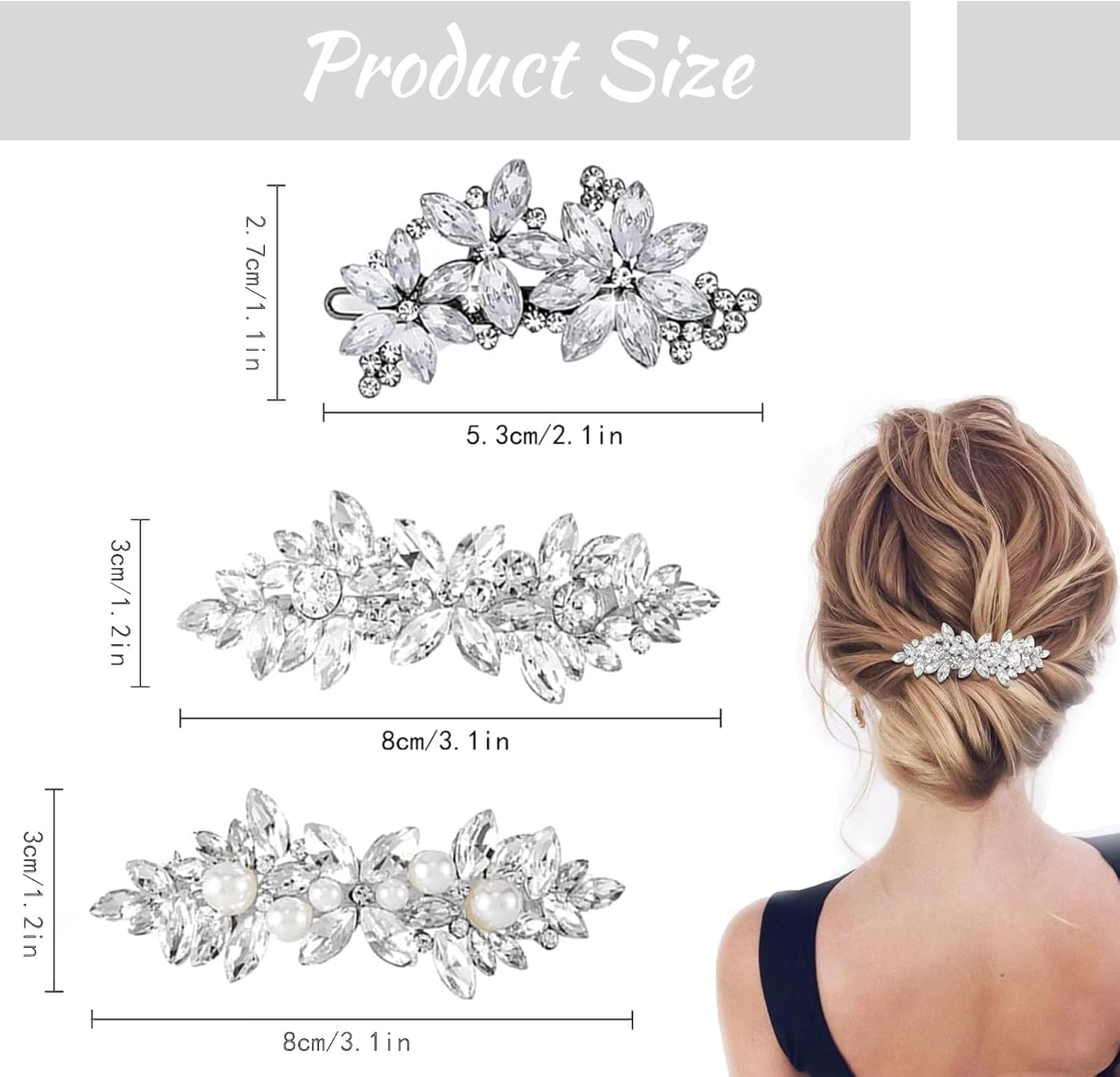 Diamante Hair Clips for Women, 3 Pcs Rhinestone Flower Hair Clips, Wedding Hair Accessories, Silver Wedding Headpiece Pins Crystal Flower, for Kids/Girls/Women Carnival/Concert/Party/Dance image number 6