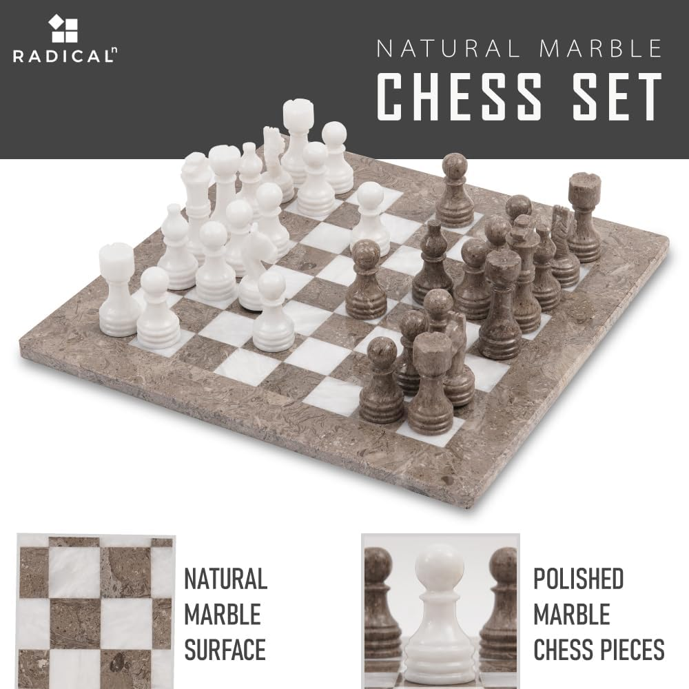 Radicaln 16 Inches Handmade Grey Oceanic and White Marble Full Chess Game Original Marble Chess Set image number 5
